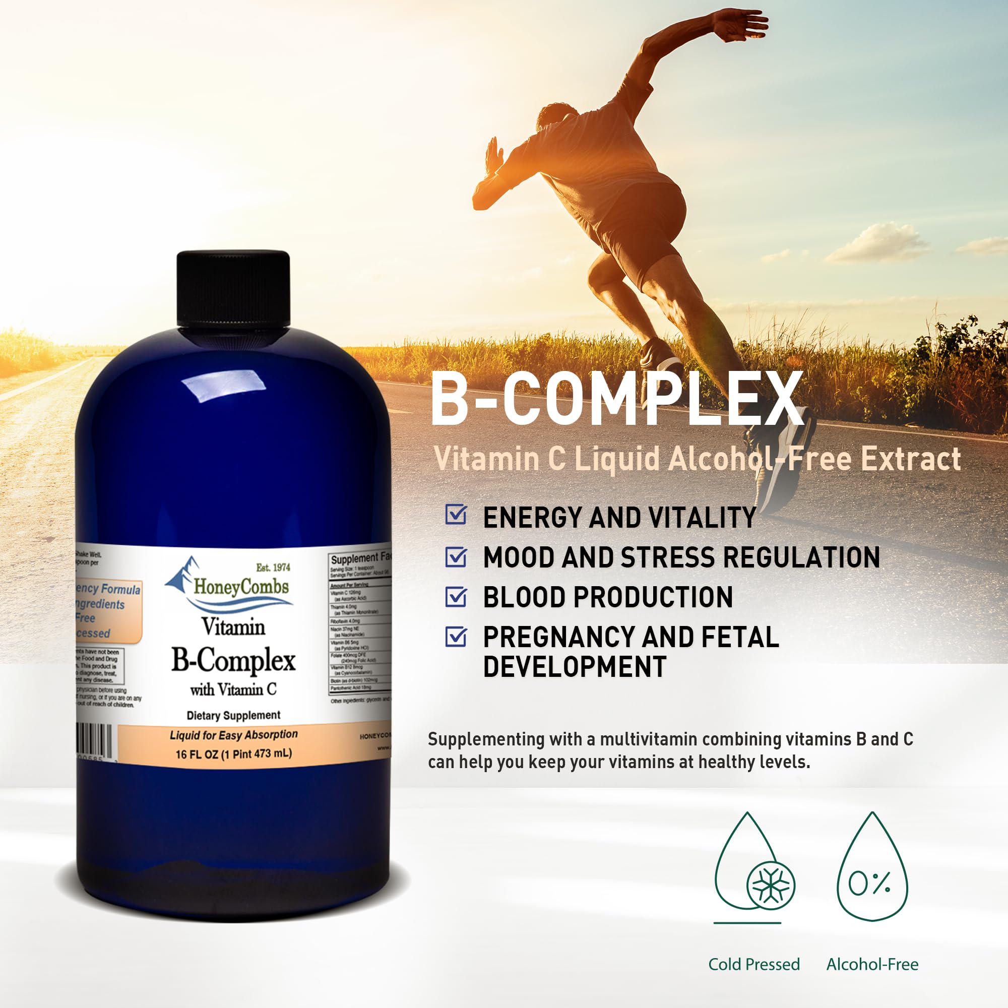 HoneyCombs Vitamin B Complex Drops – Liquid Supplement with Vitamin B1, B2, B3, B5, B6, B7, B9, B12 & Vitamin C – Liquid Super B Complex Vitamins – Alcohol-Free Liquid Vitamin Supplement, 16 Fl Oz.