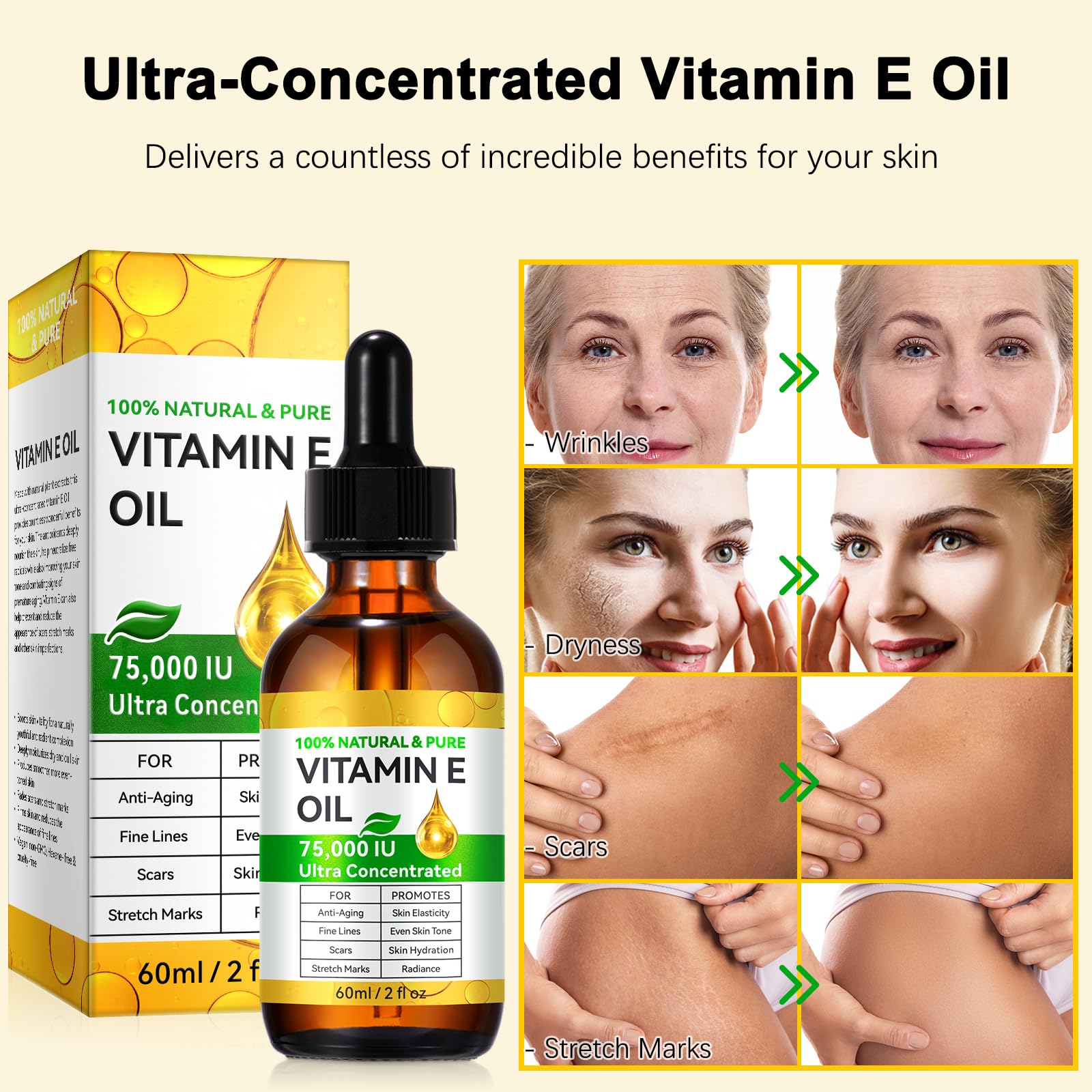 O.SECERT Ultra Pure Vitamin E Oil - Vitamin E Oil Blend 75,000 IU, Natural for Skin, Face, Hair and Scars, Body Oils Moisturizing Dry Skin and Winkles, Non-GMO, Gluten Free, 2Fl Oz