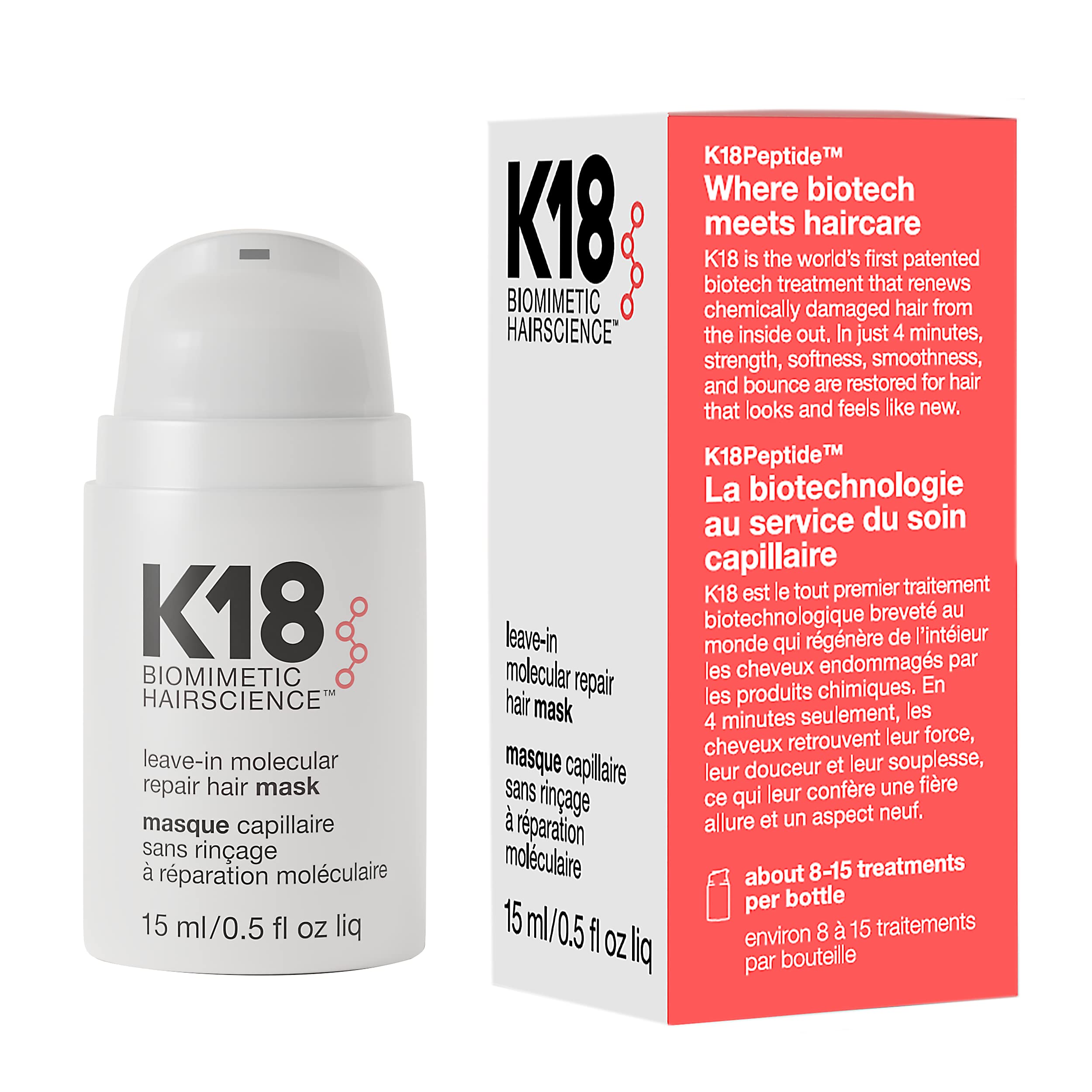 K18 Mini Leave-In Molecular Hair Mask, Repairs Dry or Damaged Hair, Reverse Hair Damage from Bleach, Color, Chemical Services & Heat