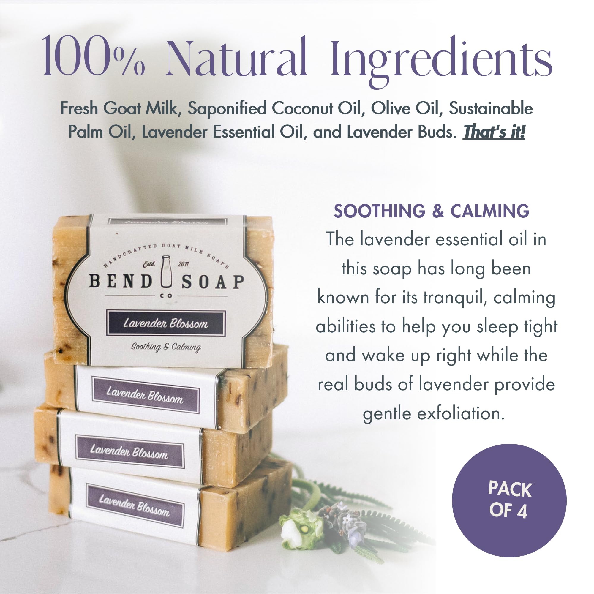 Bend Soap Company All Natural Handmade Goat Milk Soap for Dry Skin Relief, Lavender Blossom, 4 Count