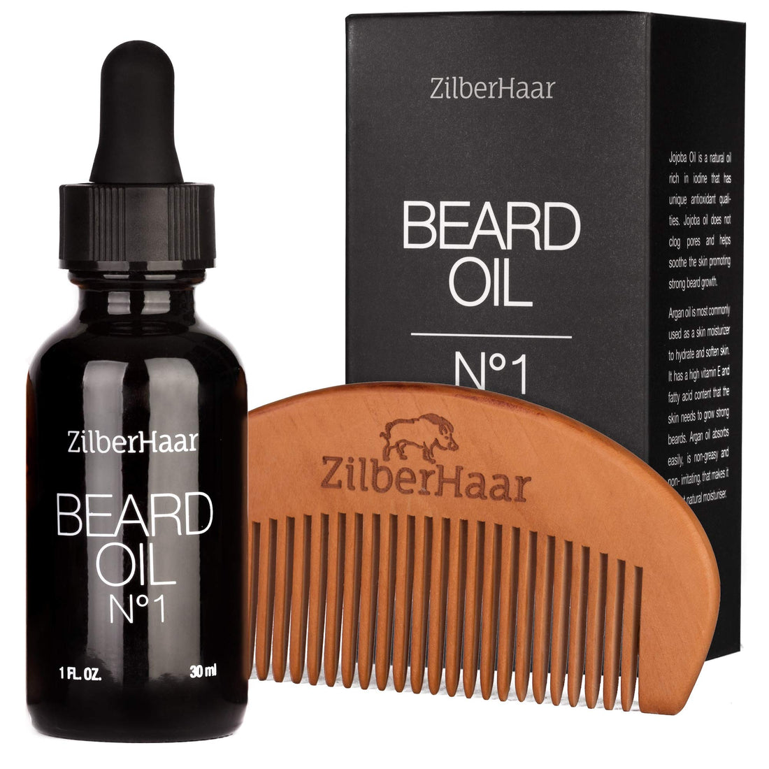 ZilberHaar Beard Oil #1 - Pure, Organic Morrocan Argan and Jojoba Oil for Natural Beard Growth and Hydration - 1 oz - Free Beard Comb Gift