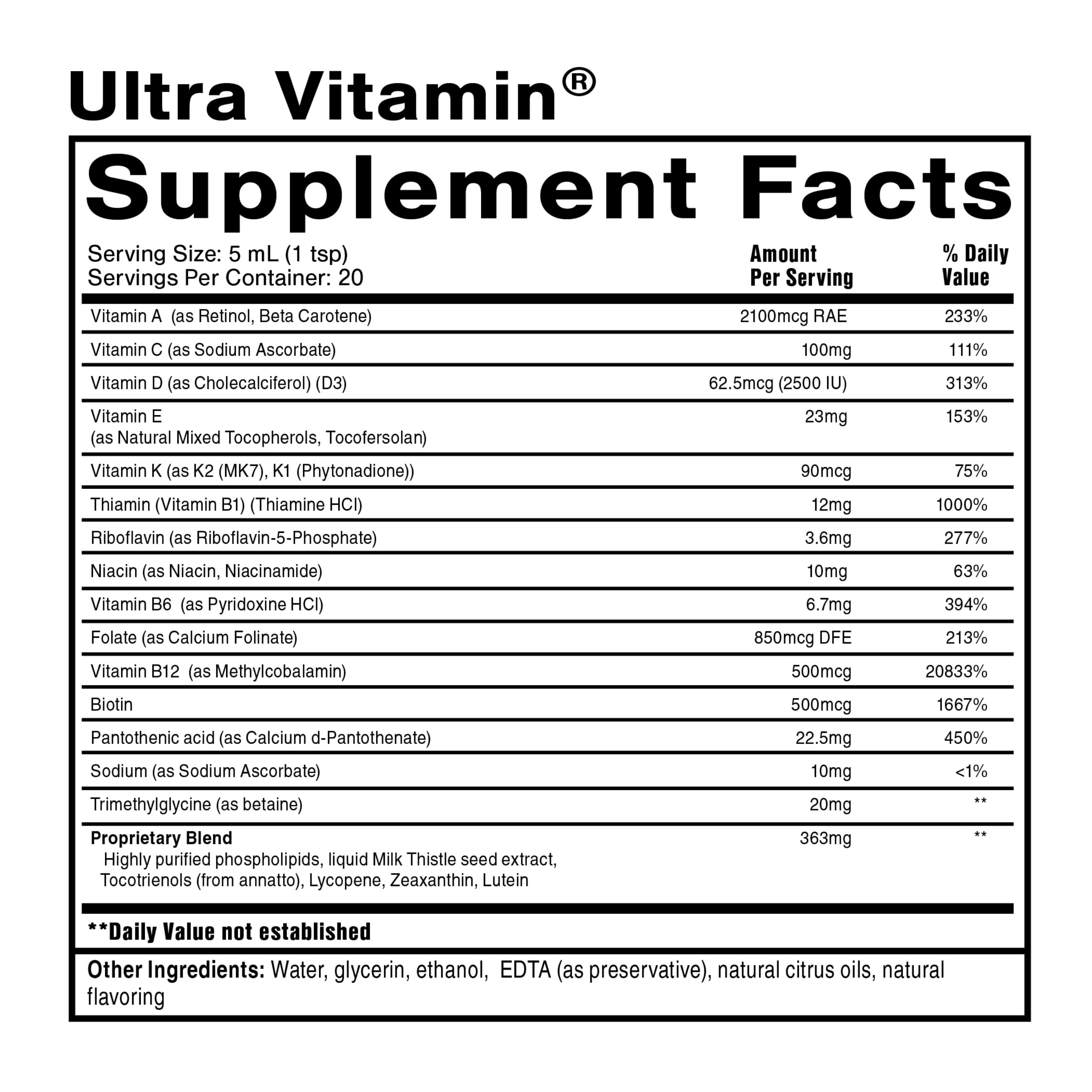Quicksilver Scientific Liposomal Ultra Vitamin - Liquid Multivitamin & Antioxidant Supplement for Energy, Liver Health & Brain Support - Bioactive B Complex, Vitamin C, D, E & K (100ml)