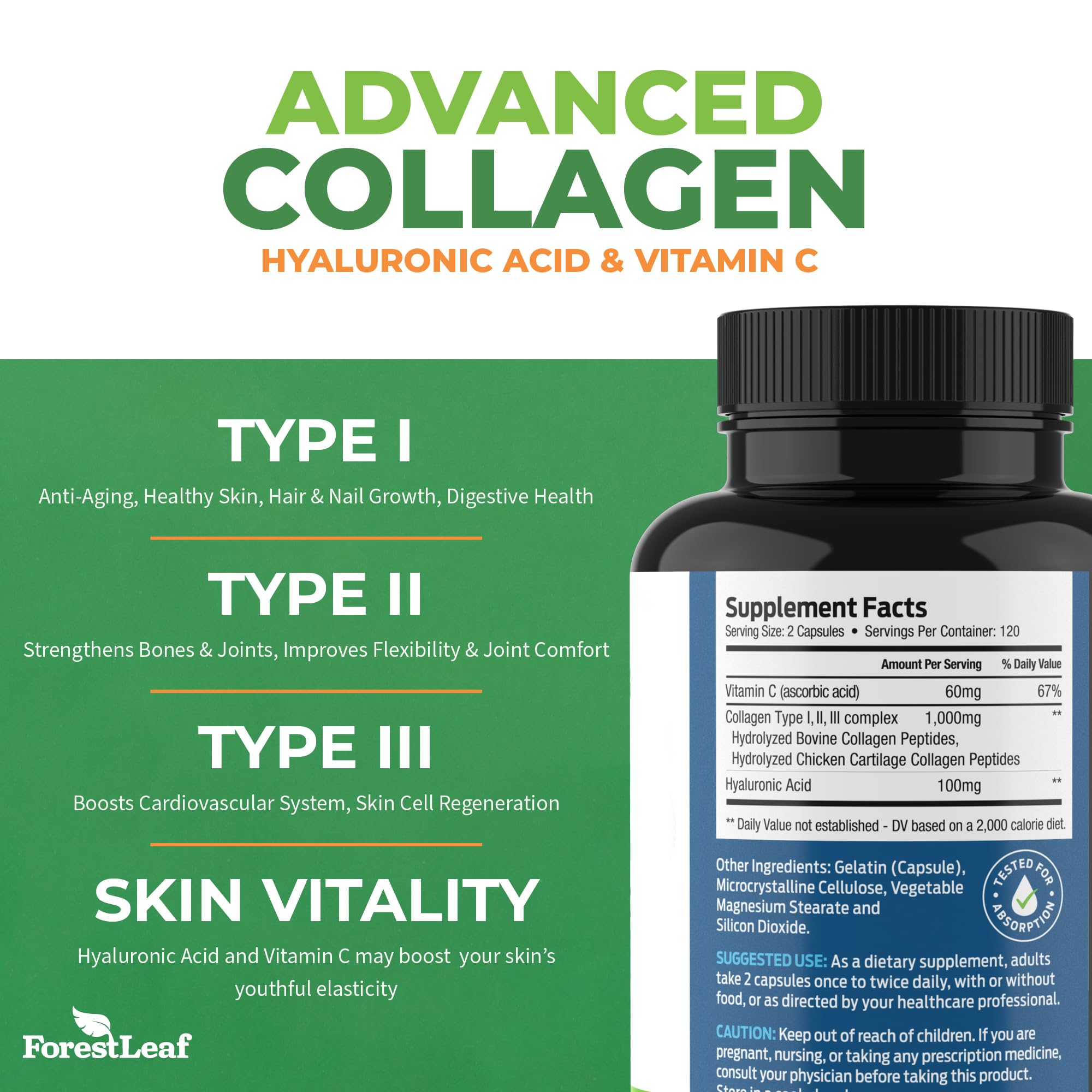 ForestLeaf Multi Collagen Pills - Collagen Men & Collagen Women - Hydrolyzed Collagen Supplements with Vitamin C & Hyaluronic Acid - Collagen Capsules for Hair, Skin & Nails (240 Peptide Capsules)