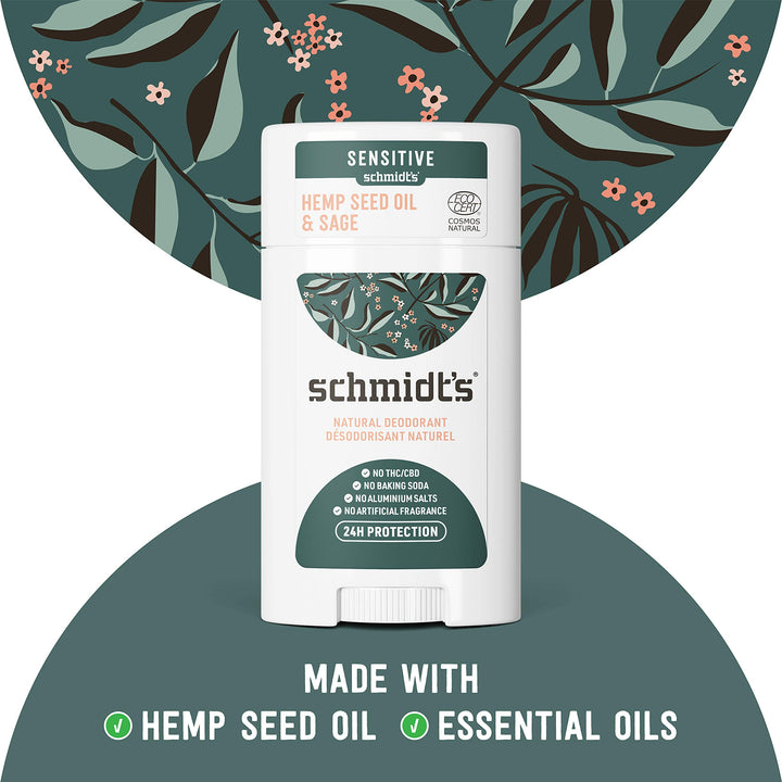 Schmidt's Aluminum Free Natural Deodorant for Women and Men, Hemp Seed Oil and Sage for Sensitive Skin with 24 Hour Odor Protection, Certified Cruelty Free, Vegan Deodorant, 3.25 oz,vetiver,sage,WHITE