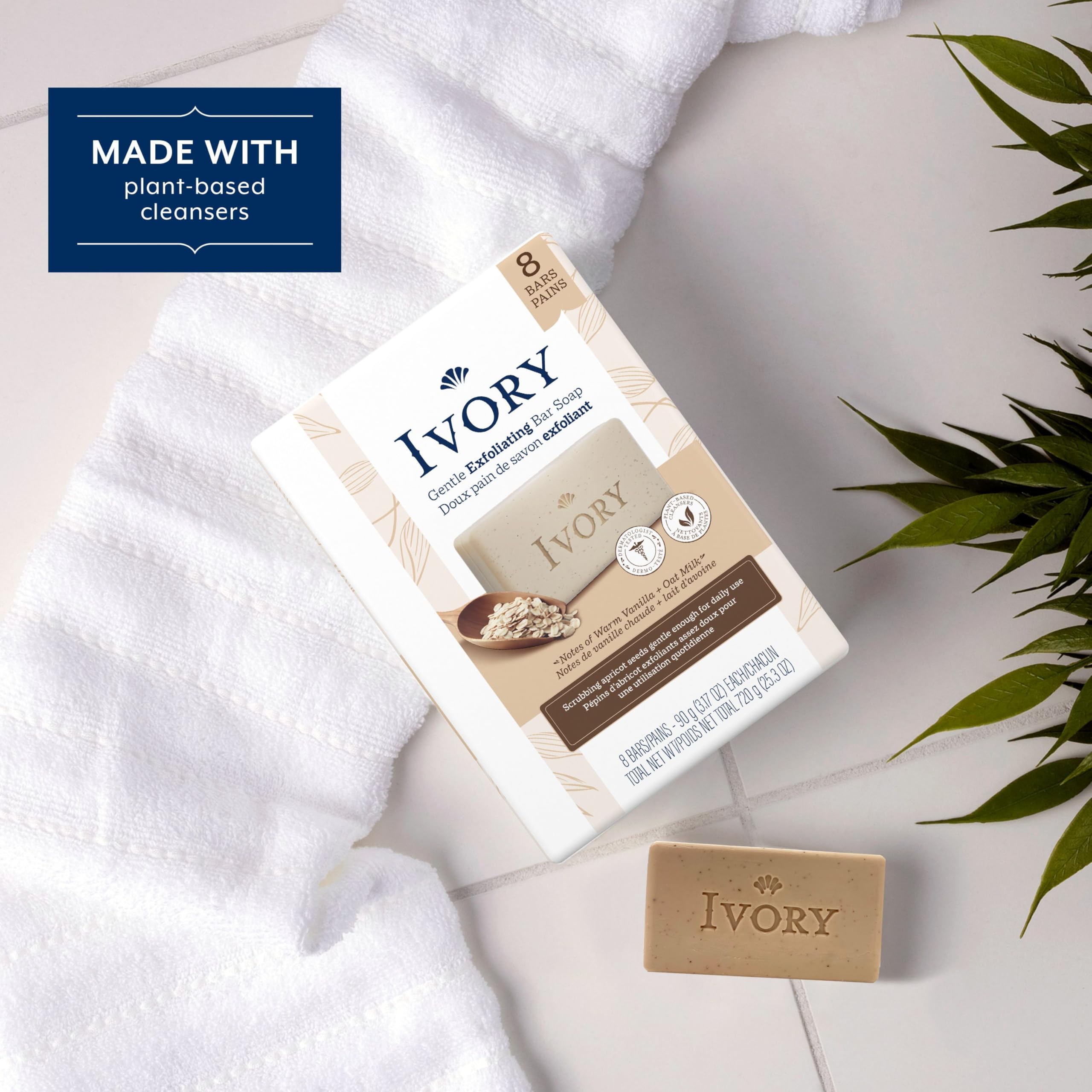Ivory Exfoliating Bath Bar Soap, Designed for Whole Family with Plant-Based Cleansers, Made Without Heavy Perfumes, Parabens or Phthalates, Warm Vanilla + Oat Milk Scent, 3.17 oz (8 Count)