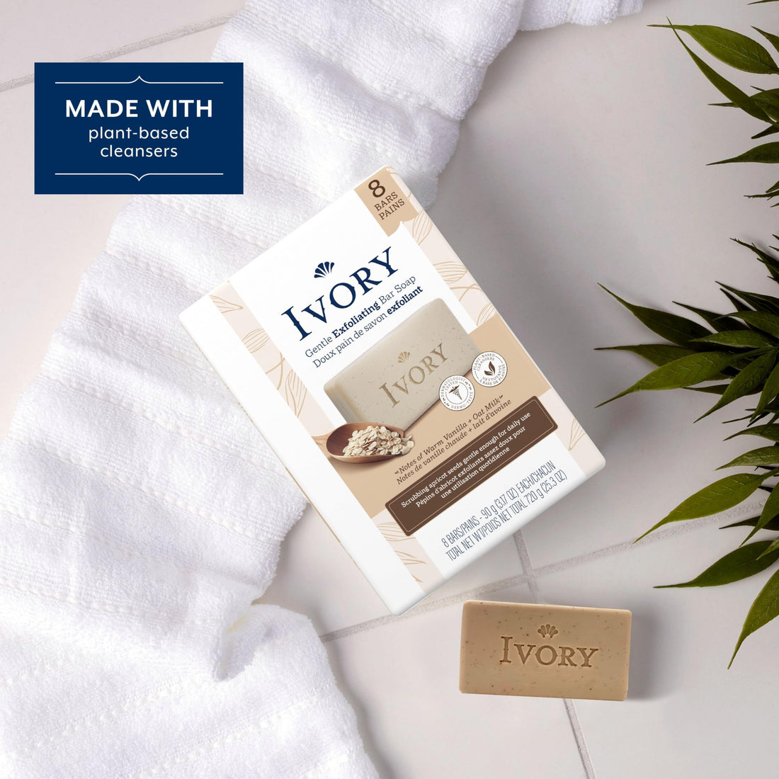 Ivory Exfoliating Bath Bar Soap, Designed for Whole Family with Plant-Based Cleansers, Made Without Heavy Perfumes, Parabens or Phthalates, Warm Vanilla + Oat Milk Scent, 3.17 oz (8 Count)