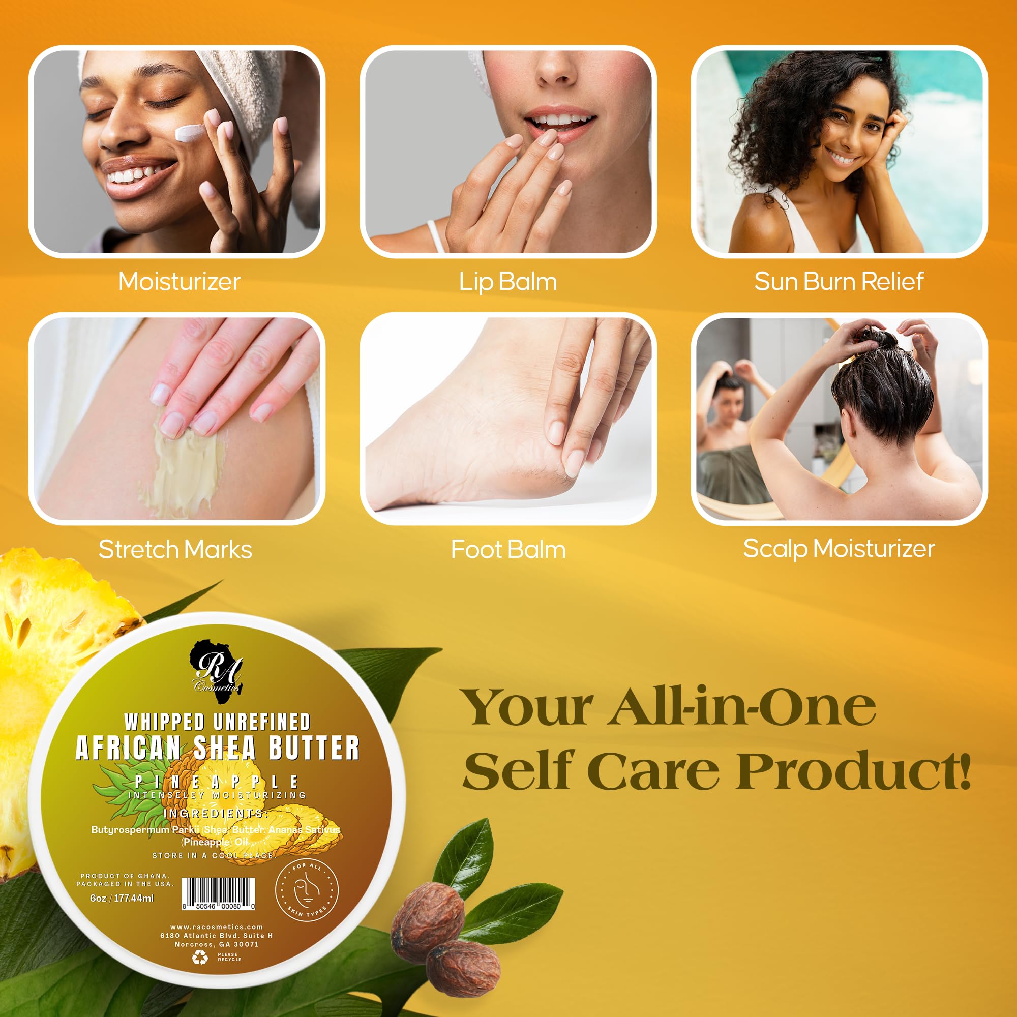 RA COSMETICS Whipped Shea Butter Pineapple - 6oz | 100% Pure & Natural African Shea Butter for Men & Women - Ultimate Handcrafted Moisturizer with Essential Vitamins for Radiant Skin