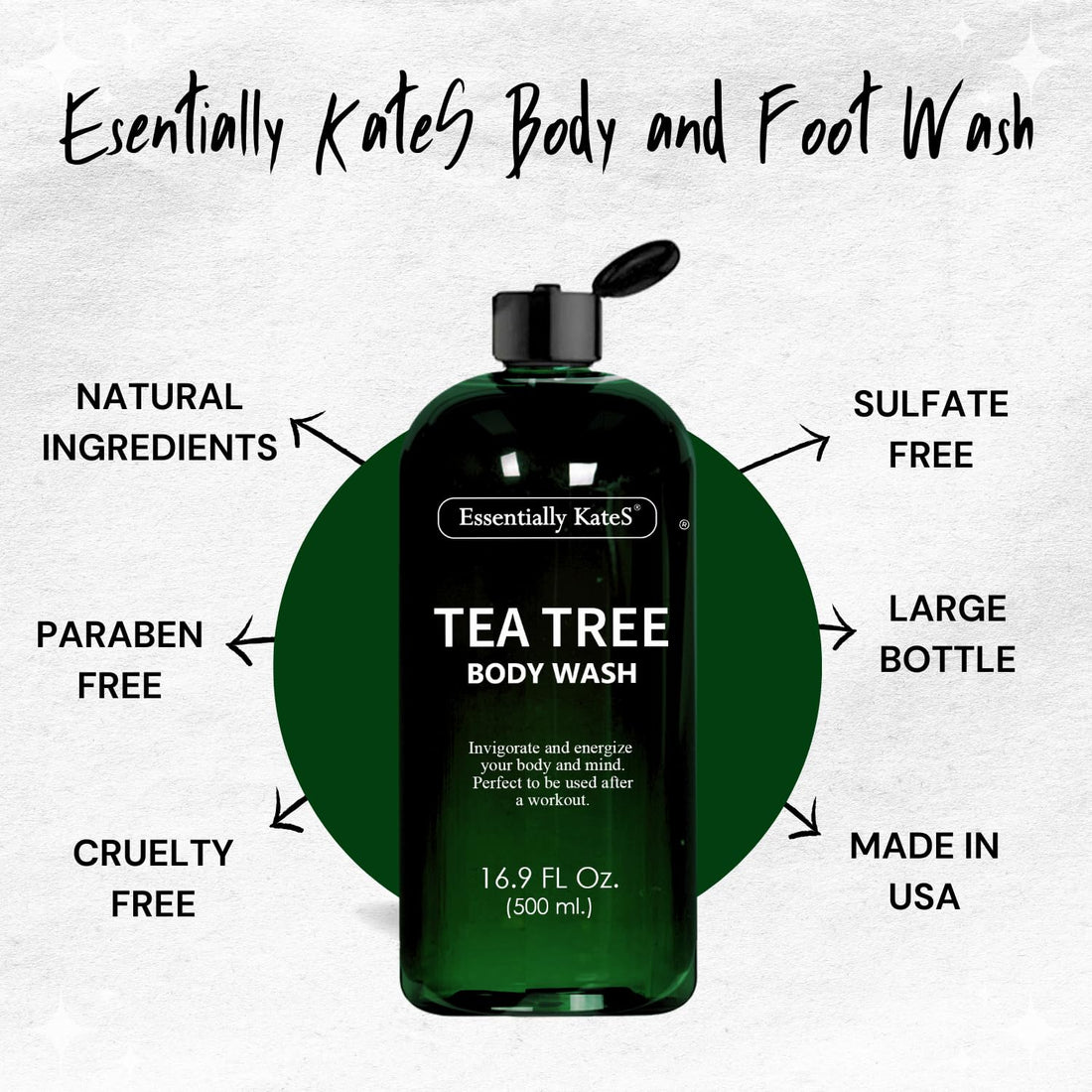 Essentially KateS Tea Tree Body Wash 16.9 fl oz - 100% Natural - Fights Body Odor & Irritation - Helps Athletes Foot, Ringworms, Jock Itch, Acne, & Eczema