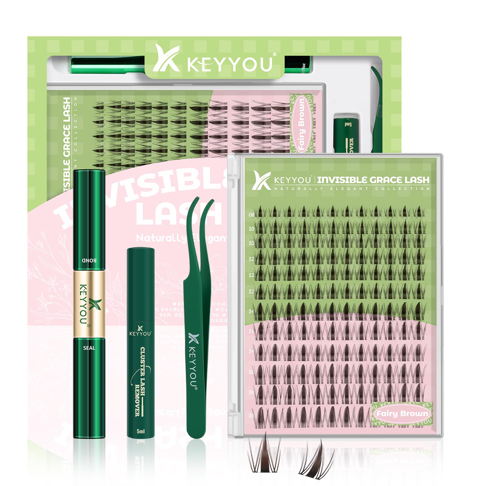 KEYYOU Fairy Brown Lash Clusters Kit Lash Extension Kit D Curl 144Pcs Eyelash Extension Kit Wispy Natural Invisible Band Lash Kit with Waterproof DIY Lash Extension Kit at Home(Fairy Brown-D-8-18MIX)