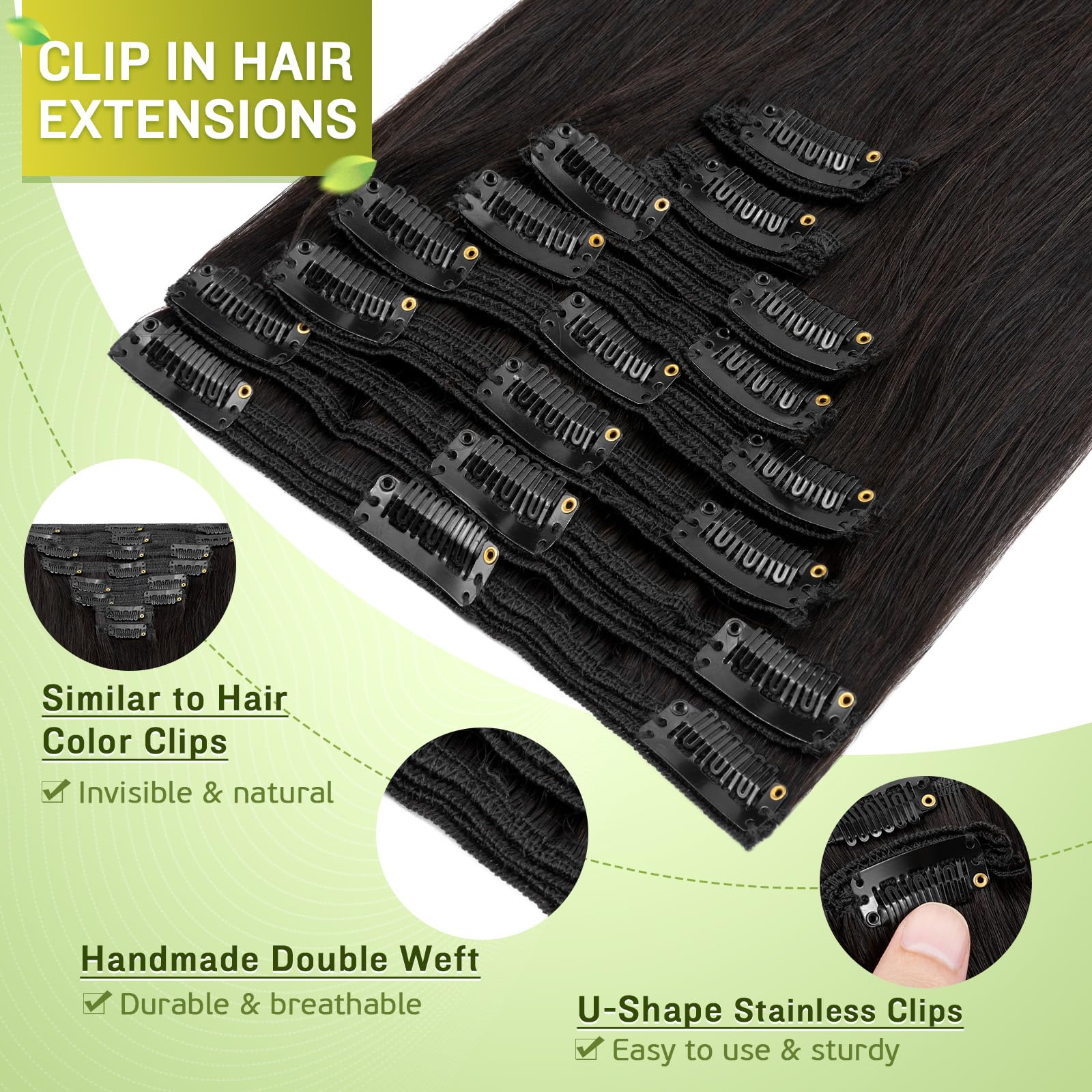 Double Weft 100% Remy Human Hair Clip in Extensions 14'-22' Grade 7A Quality Full Head Thick Thickened Long Soft Silky Straight 8pcs 18clips Off Black (18 / 18 inch 140g,#1B Natural Black)