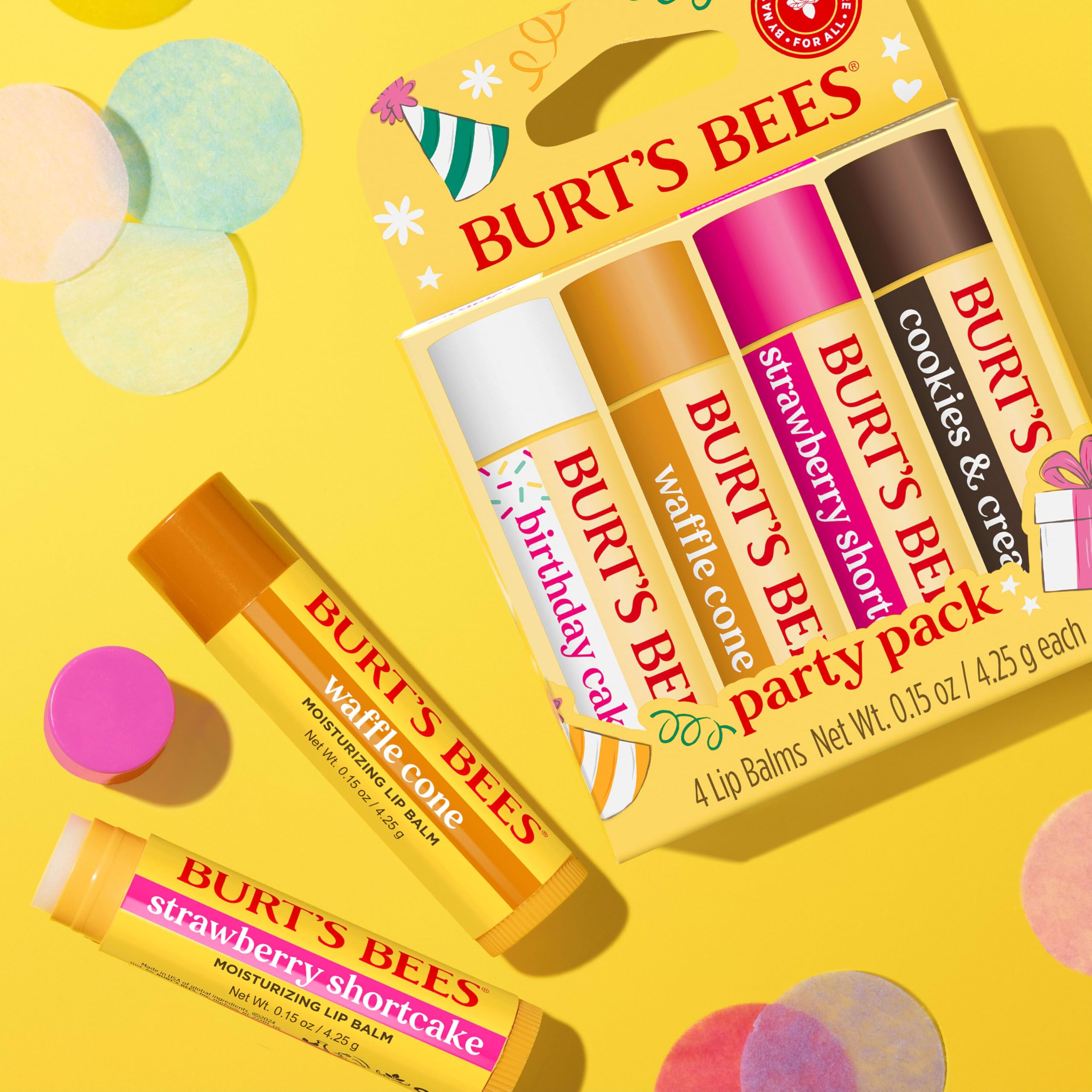 Burt's Bees Lip Balm Party Pack - Birthday Cake, Waffle Cone, Strawberry Shortcake, and Cookies & Cream, All Day Moisturizer, Tint-Free, Natural Origin Conditioning Lip Treatment, 4 Tubes, 0.15 oz.