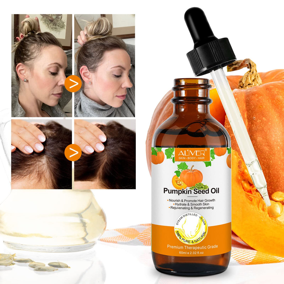 NIFEISHI Organic Pumpkin Seed Oil for Hair Growth & Scalp Care – Cold Pressed, Pure & Natural Hair Serum to Strengthen, Repair Dry Damaged Hair, Moisturize Skin, Face & Body – 2.02 Fl Oz