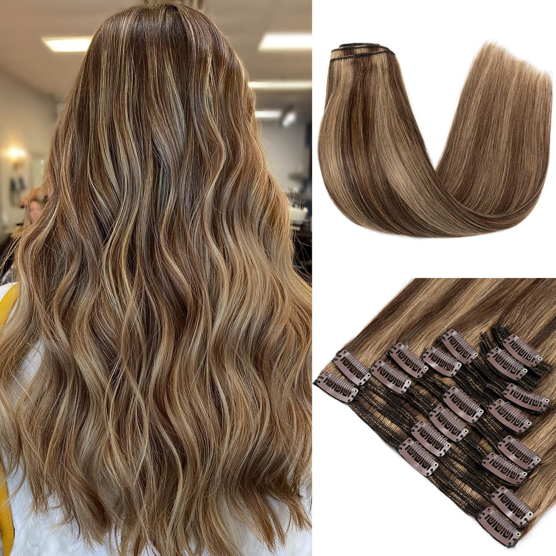 Double Weft 100% Remy Human Hair Clip in Extensions Highlight 14'-22' Grade 7A Quality Full Head Thick Long Soft Silky Straight 8pcs 18clips (16 / 16 inch 130g ,#4/27 Medium brown / Dark Blonde)