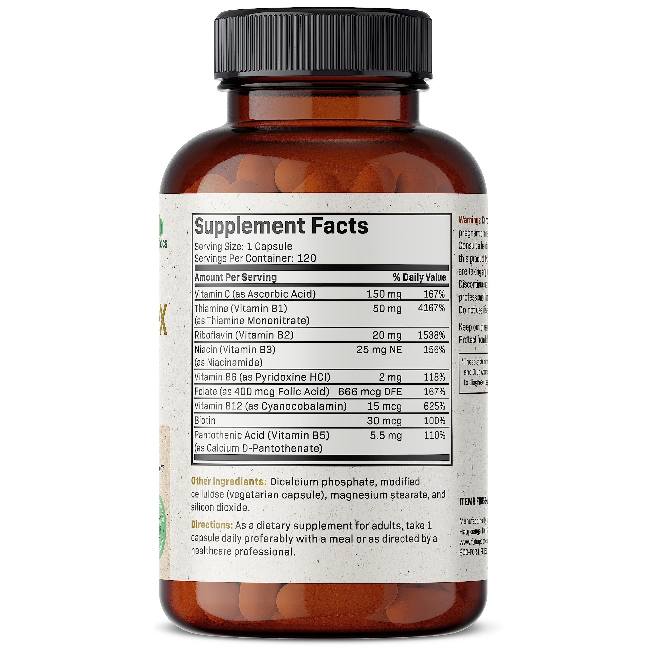 Futurebiotics Vitamin B Complex with Vitamin C Supports Energy Production, Nervous System & Immune Support - Non-GMO, 120 Vegetarian Capsules