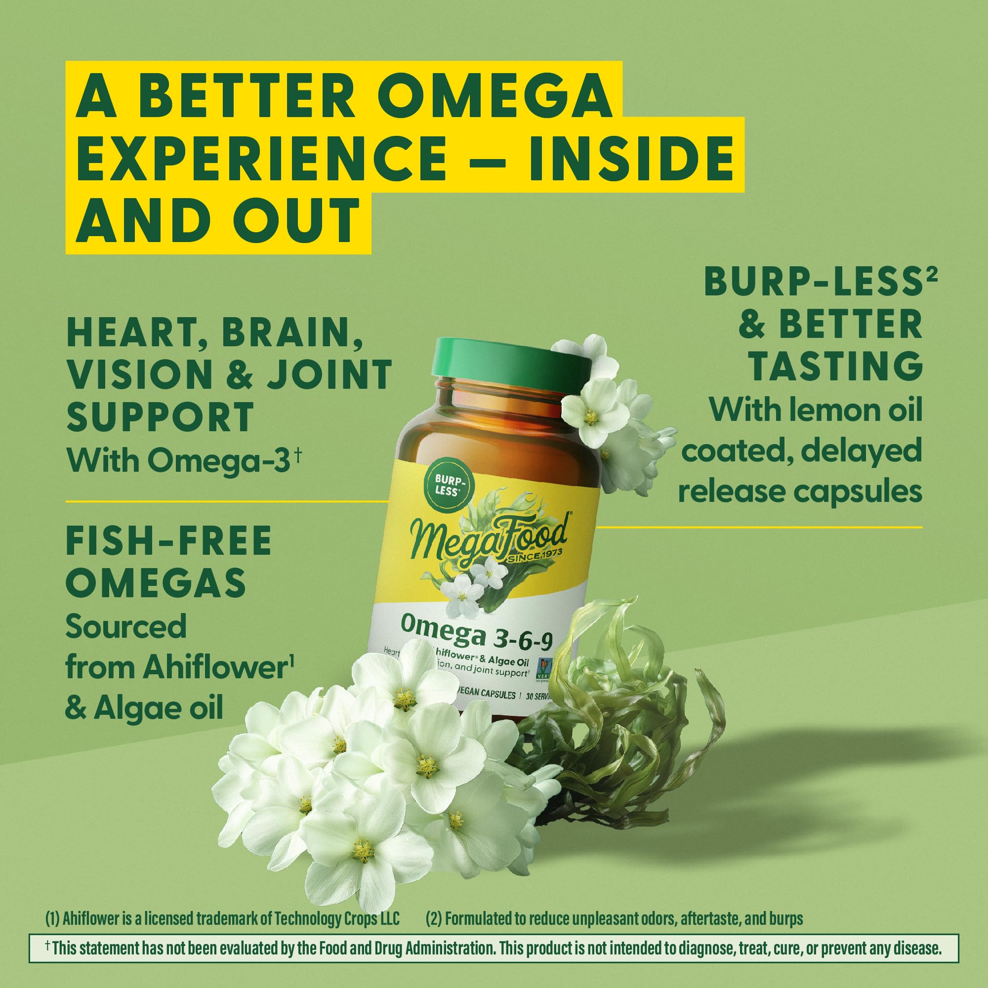 MegaFood Vegan Omega 3 6 9 - Burp-less Omega 3 Supplement - 600 mg Plant-Based Omega-3 & 150 mg DHA Per Serving - Heart, Brain, Vision & Joint Support - Fish Oil Alternative - 60 Capsules, 30 Servings