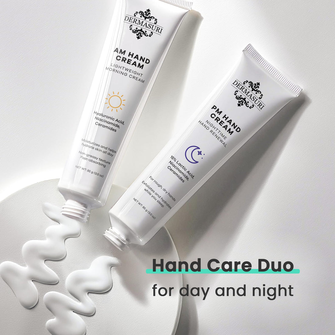 Dermasuri Day and Night Therapeutic Hand Cream for Dry, Cracked Hands - AM Lightweight Moisturizing Exfoliator & PM Overnight Renewal Lotion Softening Hydrating Treatment Unscented 3 oz Each Pack of 2