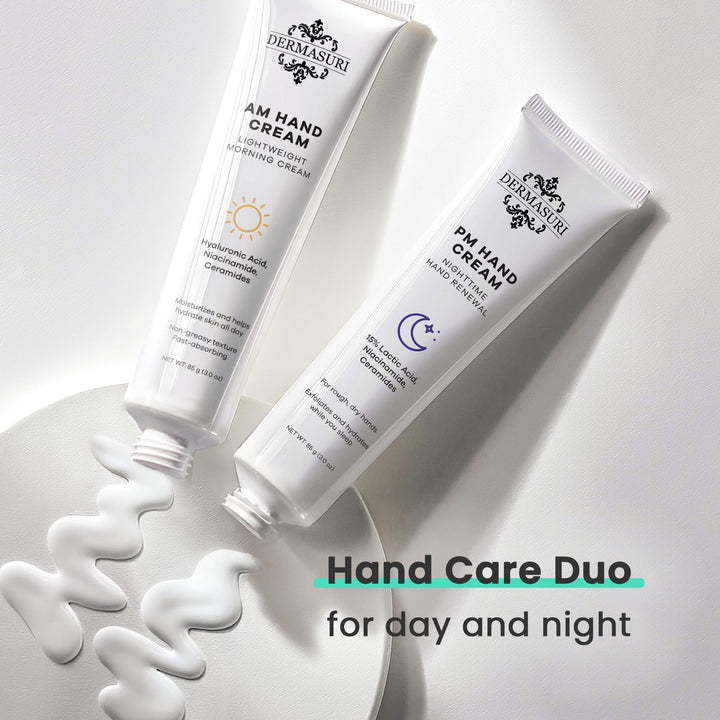 Dermasuri Day and Night Therapeutic Hand Cream for Dry, Cracked Hands - AM Lightweight Moisturizing Exfoliator & PM Overnight Renewal Lotion Softening Hydrating Treatment Unscented 3 oz Each Pack of 2