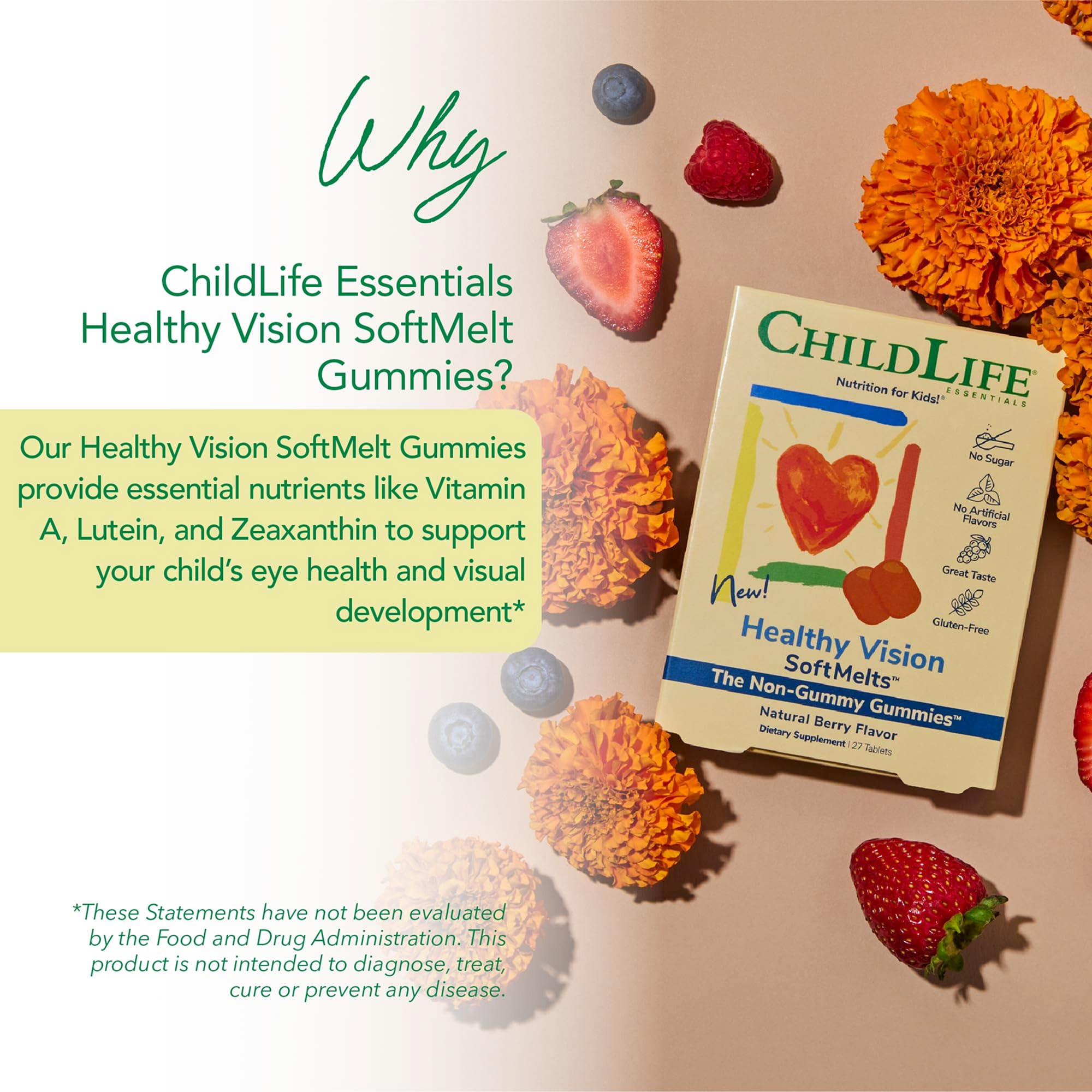 CHILDLIFE ESSENTIALS Healthy Vision SoftMelts - Eye Vitamins for Kids, Lutein Gummies, Lutein and Zeaxanthin Supplements, Eye Health Gummies, Lutein Children, Great Taste - Natural Berry, 27 Tablets