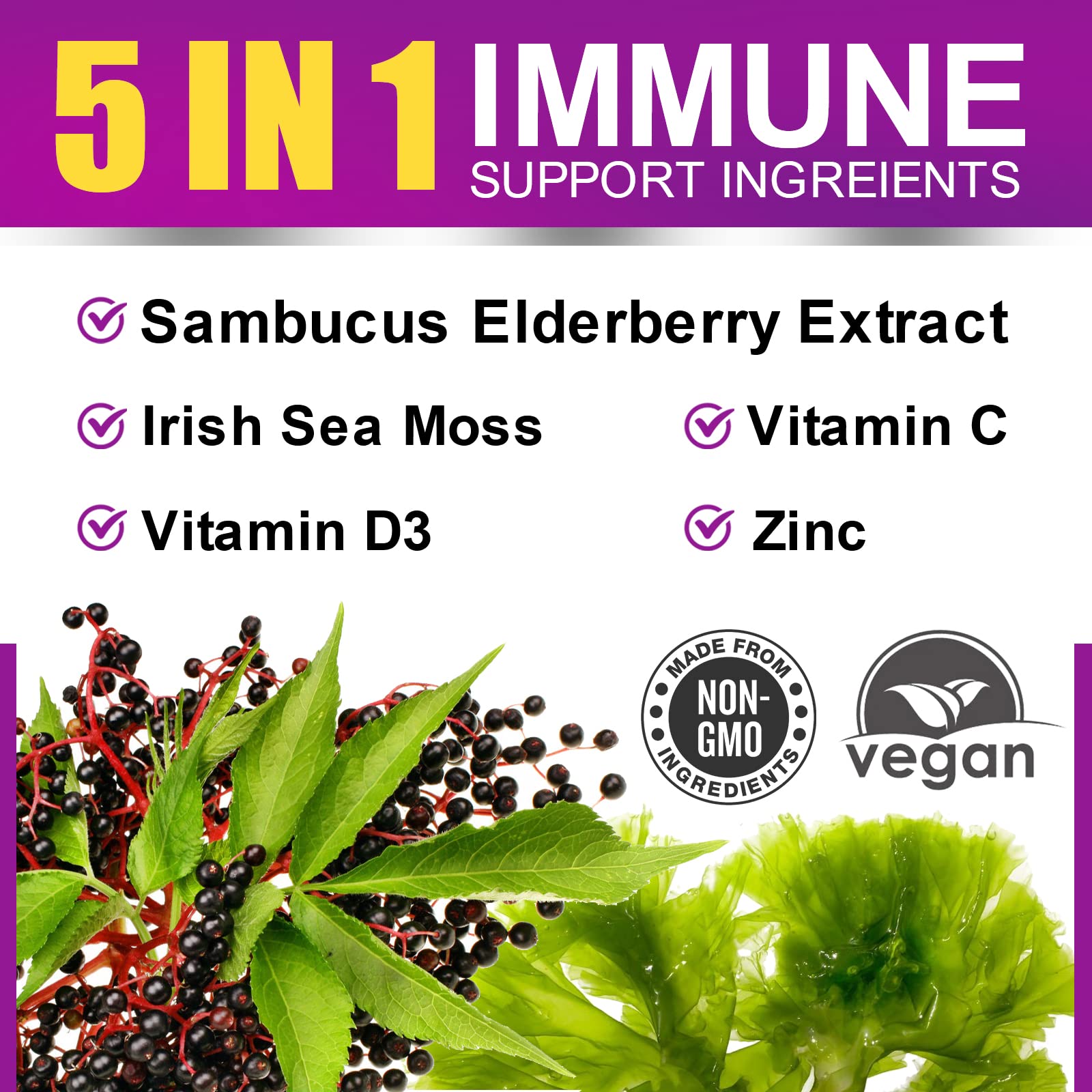 B BEWORTHS Elderberry Gummies & Irish Sea Moss, Organic Sambucus Elderberry Gummy with Seamoss, Zinc, Vitamin C, D3, Multivitamin Elderberry Vitamin & Energy Support Supplements - Sugar-Free