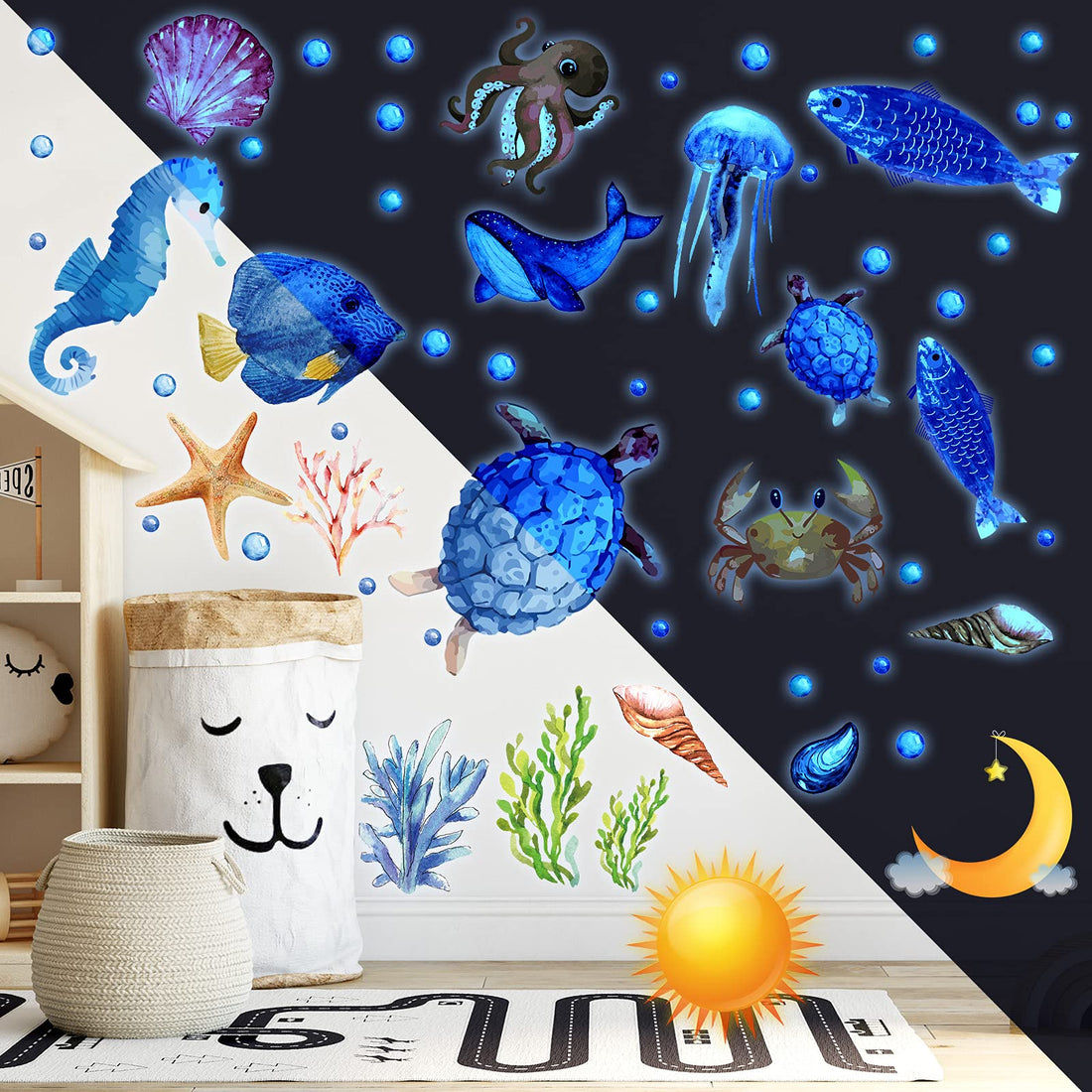 Zonon 97 Pcs Glow in The Dark Ocean Stickers Ocean Fish Wall Decals Under The Sea Wall Decals Removable Sticker Fluorescent Starfish Shell Waterproof Peel and Stick for Kids Bedroom Decor