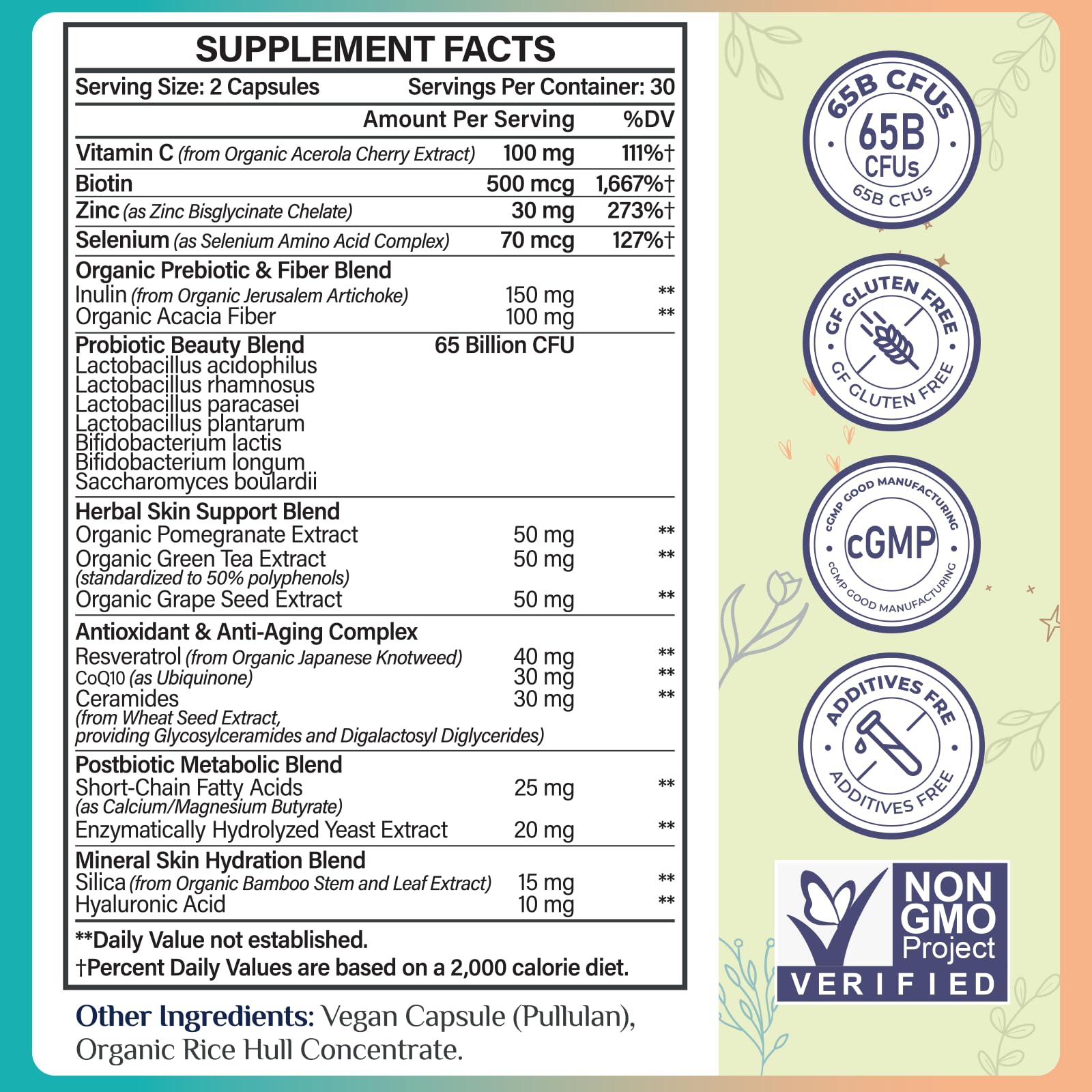 Beauty Probiotics for Women, Collagen Boost with 3-in-1 Complete Prebiotics, Postbiotics & Probiotics for Hair, Skin, Nails & Vaginal Health - 65 Billion CFU, Ceramides, Resveratrol & CoQ10, 60 Caps