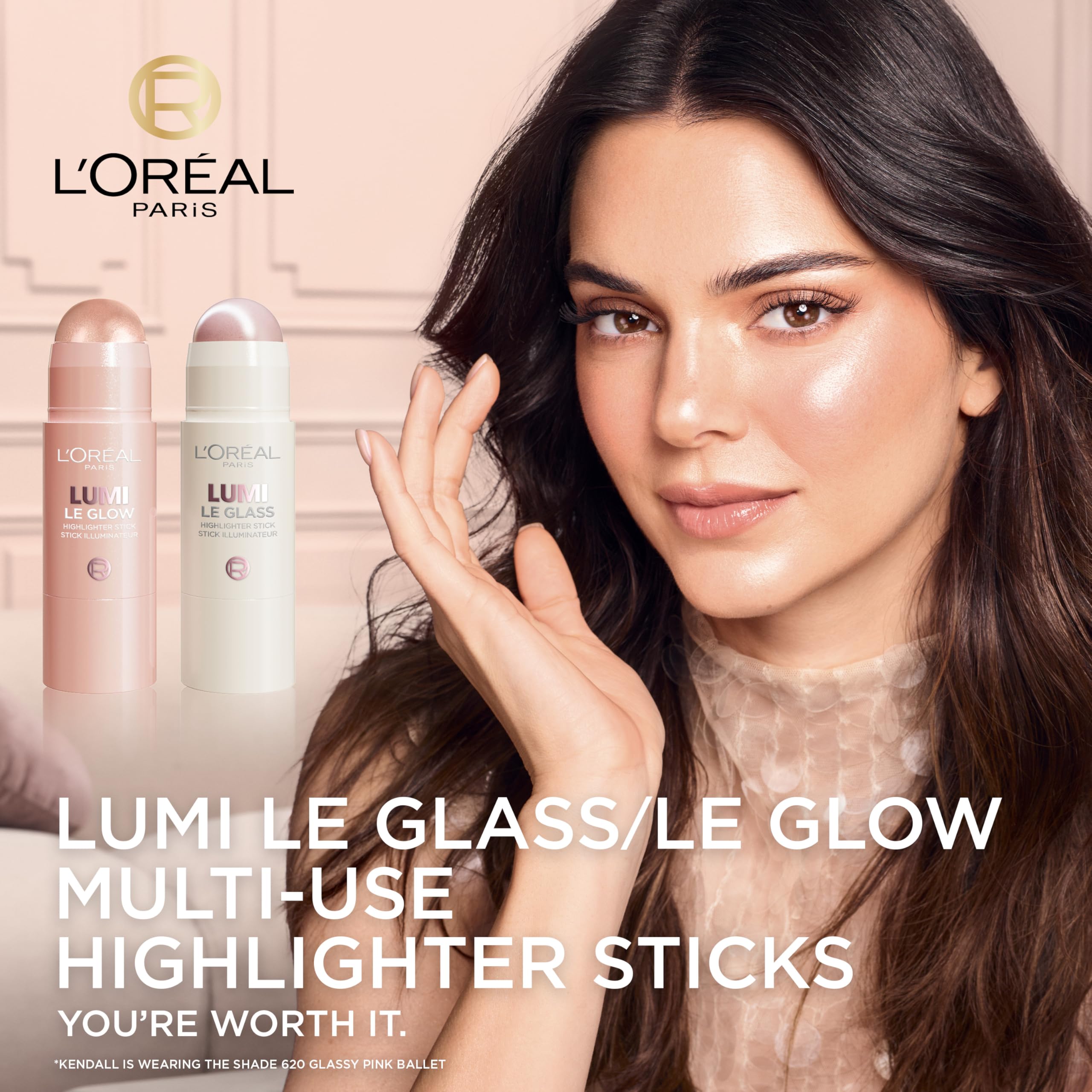 L'Oreal Paris True Match Lumi Le Glass Highlighter Stick, Reflective, Translucent, Glassy Highlighter for Face and Body, 620 Pink Ballet, 0.25 Oz