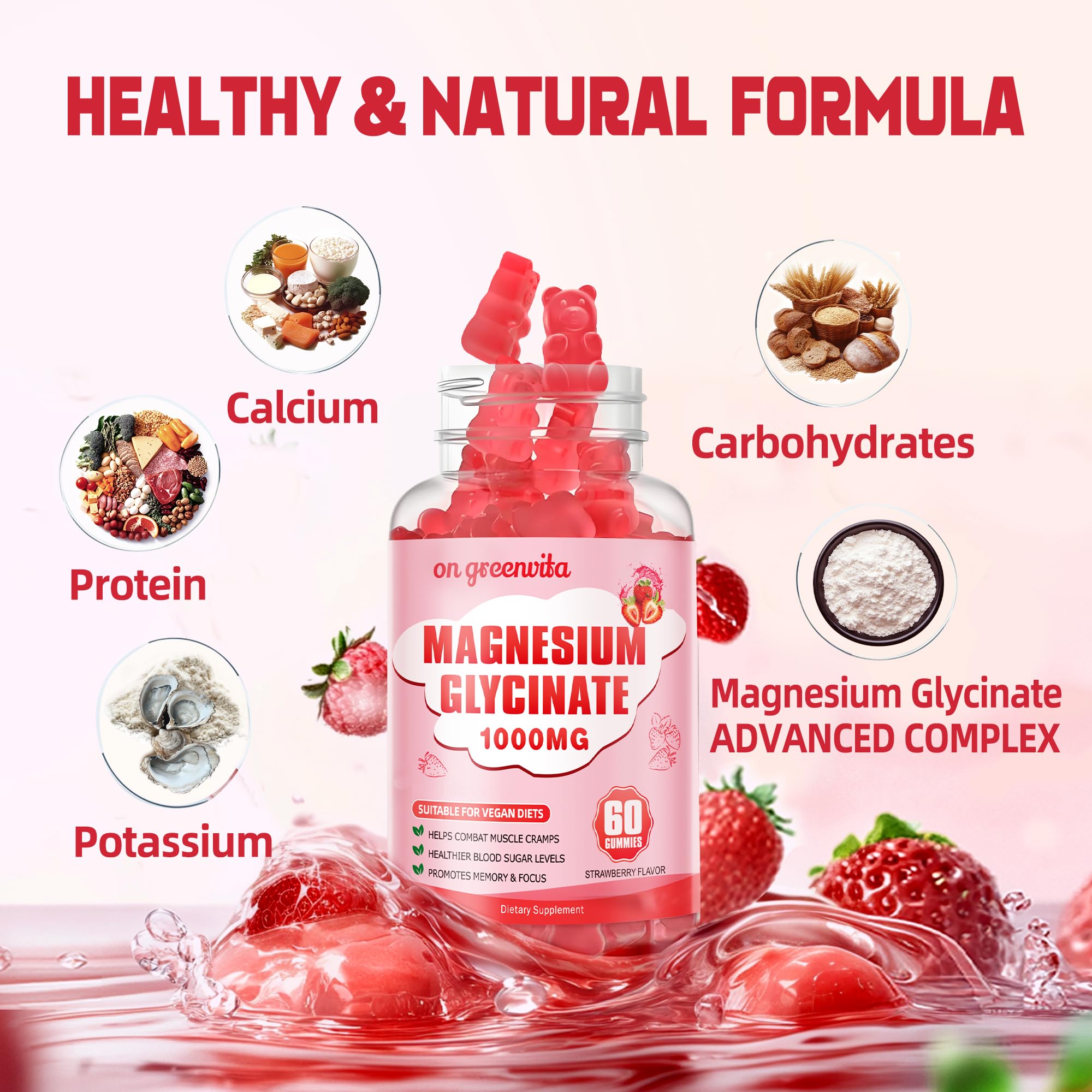 Magnesium Glycinate Gummies 1000mg - Sugar Free Magnesium Potassium Supplement with Vitamin D, B6, CoQ10 for Calm Mood & Sleep Support - 60 Strawberry Gummies