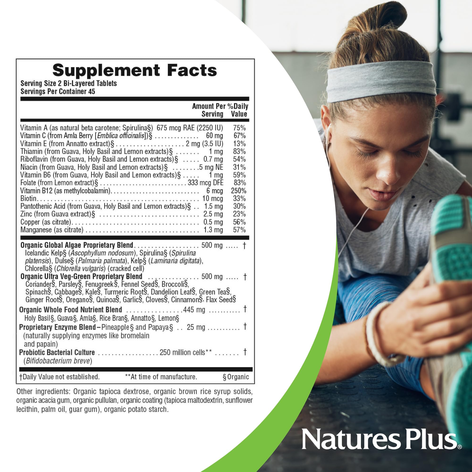 Natures Plus Ultra Juice Green Multivitamin - 90 Vegetarian Tablets, Bilayered - Multinutrients - Whole Green Foods & Global Algae - Non-GMO, Organic, Gluten-Free - 45 Servings