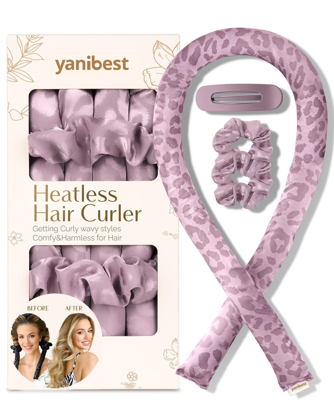 YANIBEST Heatless Curls Overnight, Hair Curlers to Sleep in, Leopard Heatless Hair Curler, Heatless Curling Rod Soft Hair Rollers-Purple