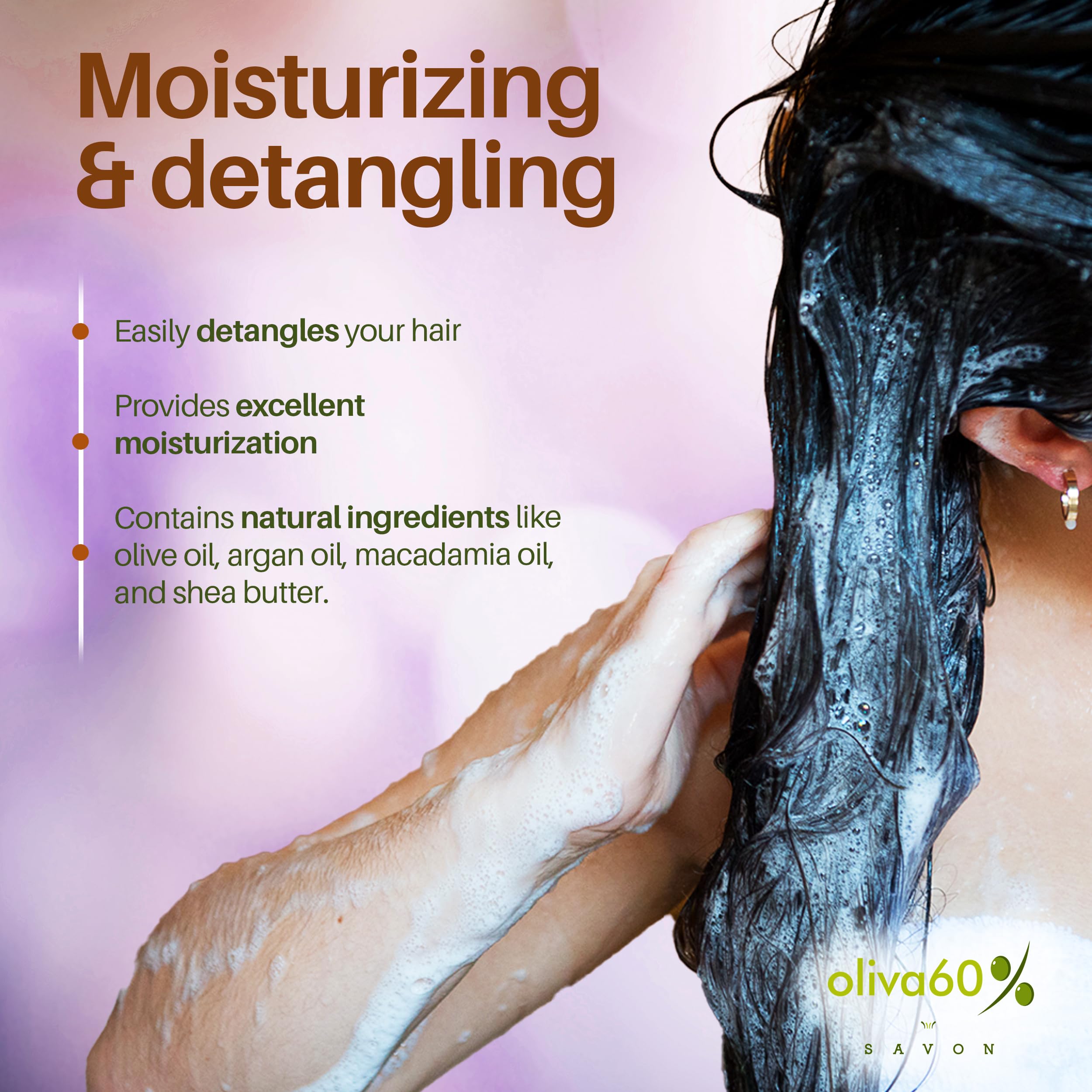 Conditioner & Detangler Bar Lavender Oil for Curly Hair | Extra Moisturizing | Frizz Control for Damaged | Olive, Argan & Macadamia Oil | Sulfate & Paraben Free | Vegan | 1.94 oz | OLIVA 60