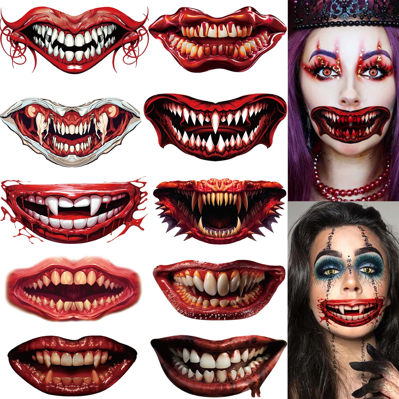Halloween Temporary Horror Scary Mouth Face Tattoo Stickers Props for Women Adults Men Cosplay Party Masquerade Accessories Kit