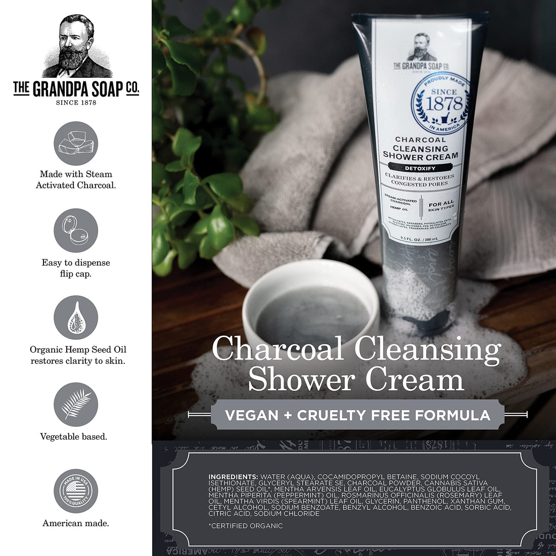 Grandpa's Brands Company Charcoal Cleansing Shower Cream, 9.5 Oz