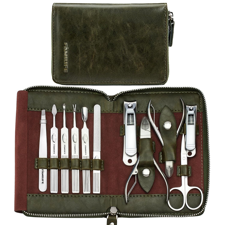FAMILIFE Manicure Set, L23 11 in 1 Stainless Steel Mens Manicure Kit Leather Pedicure Tools Kit Grooming Kit with Travel Case Box Gift For Father
