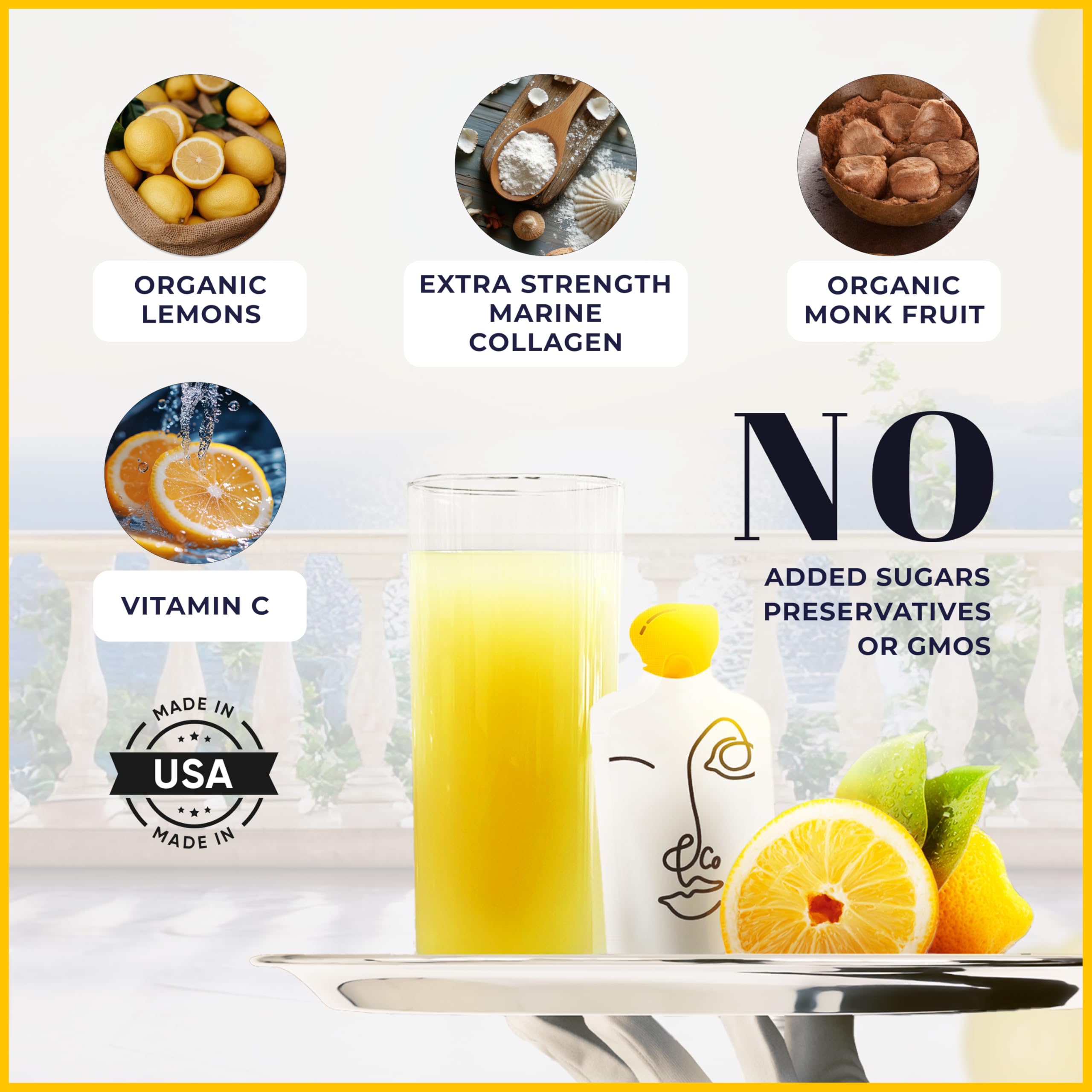 LEMON & CO. Lemon Collagen Elixir - 5g Wild Caught Marine Collagen with Vitamin C & Organic Lemons - Non-GMO, Sugar-Free, Preservative-Free Collagen Water for Nails, Hair & Skin - 14 Packets