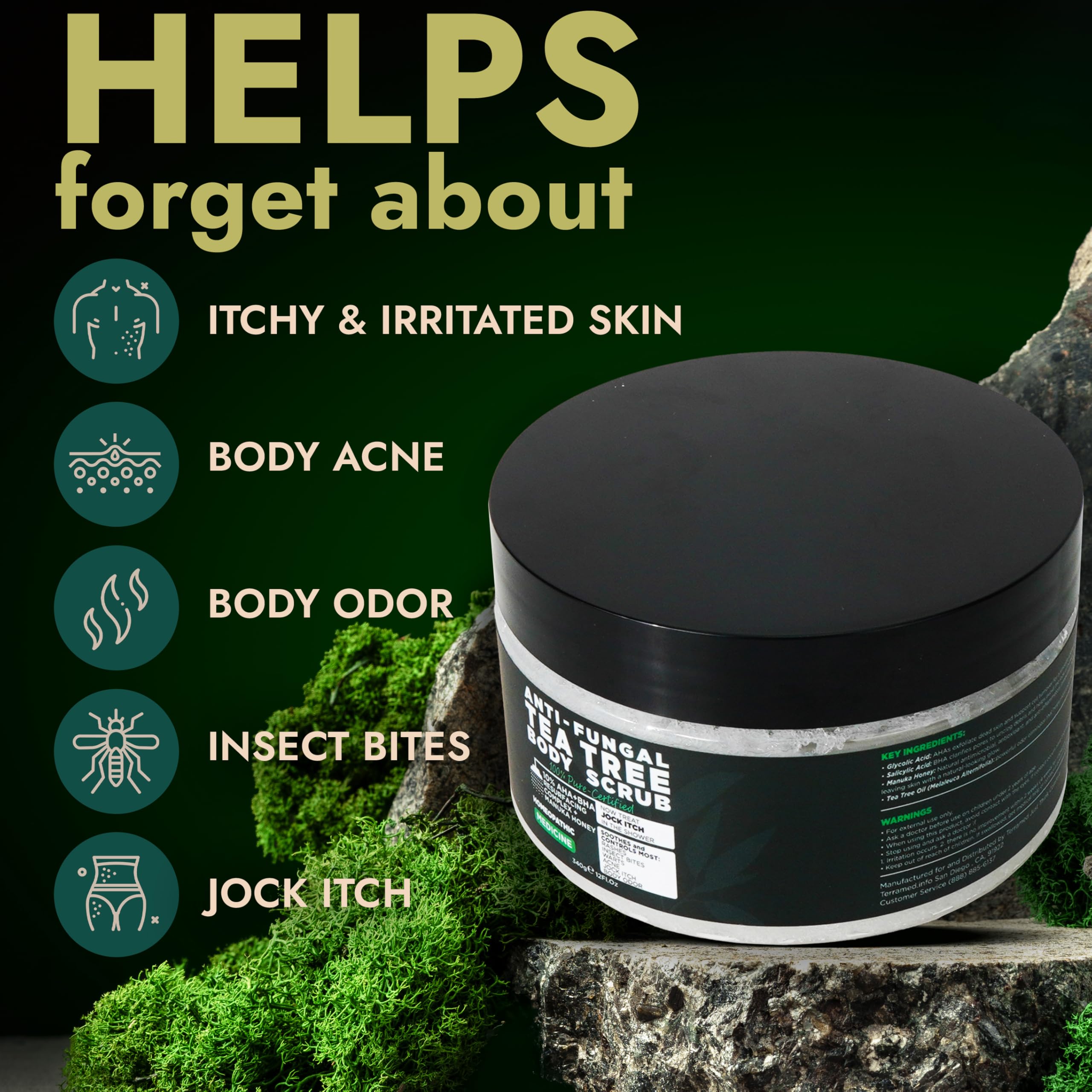 Body Scrub | Tea Tree Oil Scrub with Manuka Honey and Salicylic Acid | Fights Jock Itch, Acne, Rashes & Body Odor | Anti Fungal Natural Body Exfoliator for Men and Women with Free Scrubber Brush