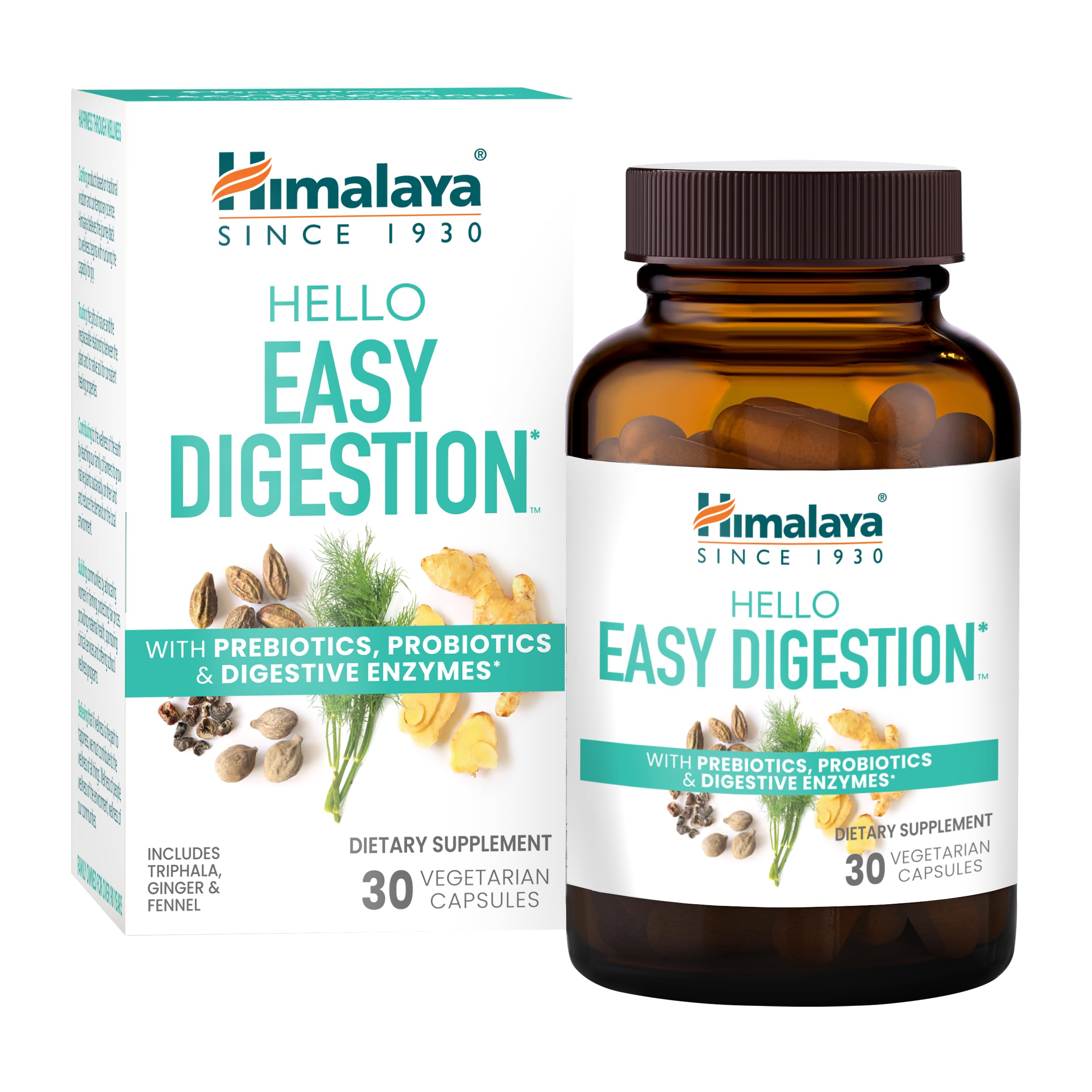 Himalaya Hello Easy Digestion, Digestive Enzymes with 2 Billion CFU Probiotics and Prebiotics, Plus 100 mg Herbal Digestive Support with Ginger, Fennel & Triphala, 30 Vegetarian Capsules