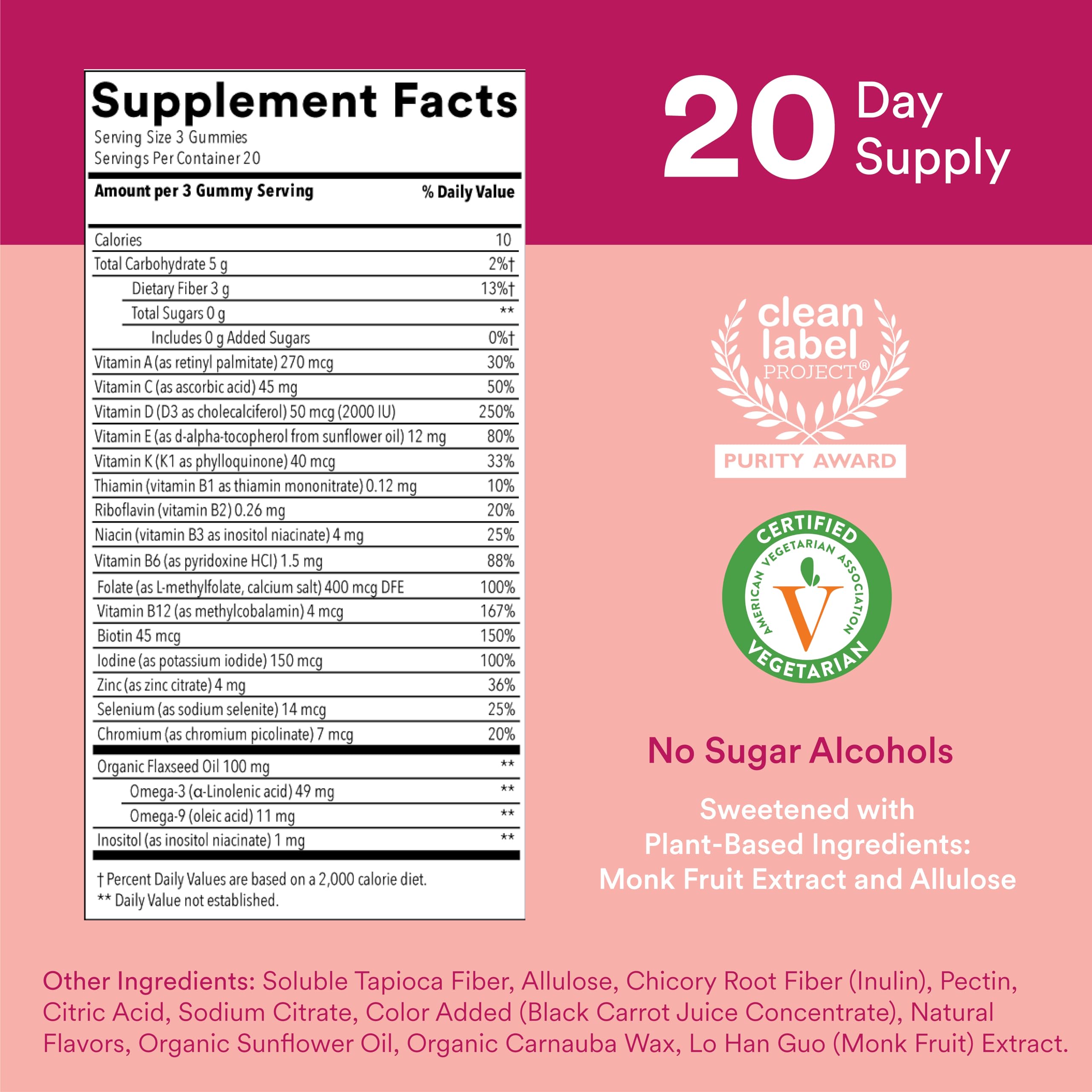 SmartyPants Women's Multivitamin Gummies, Sugar Free: Biotin, Methylfolate, Omega 3 (ALA), Vitamin D3, C, Vitamin B12, B6, A, K & Zinc, Inositol, Gluten Free, 60 Count (20 Day Supply)