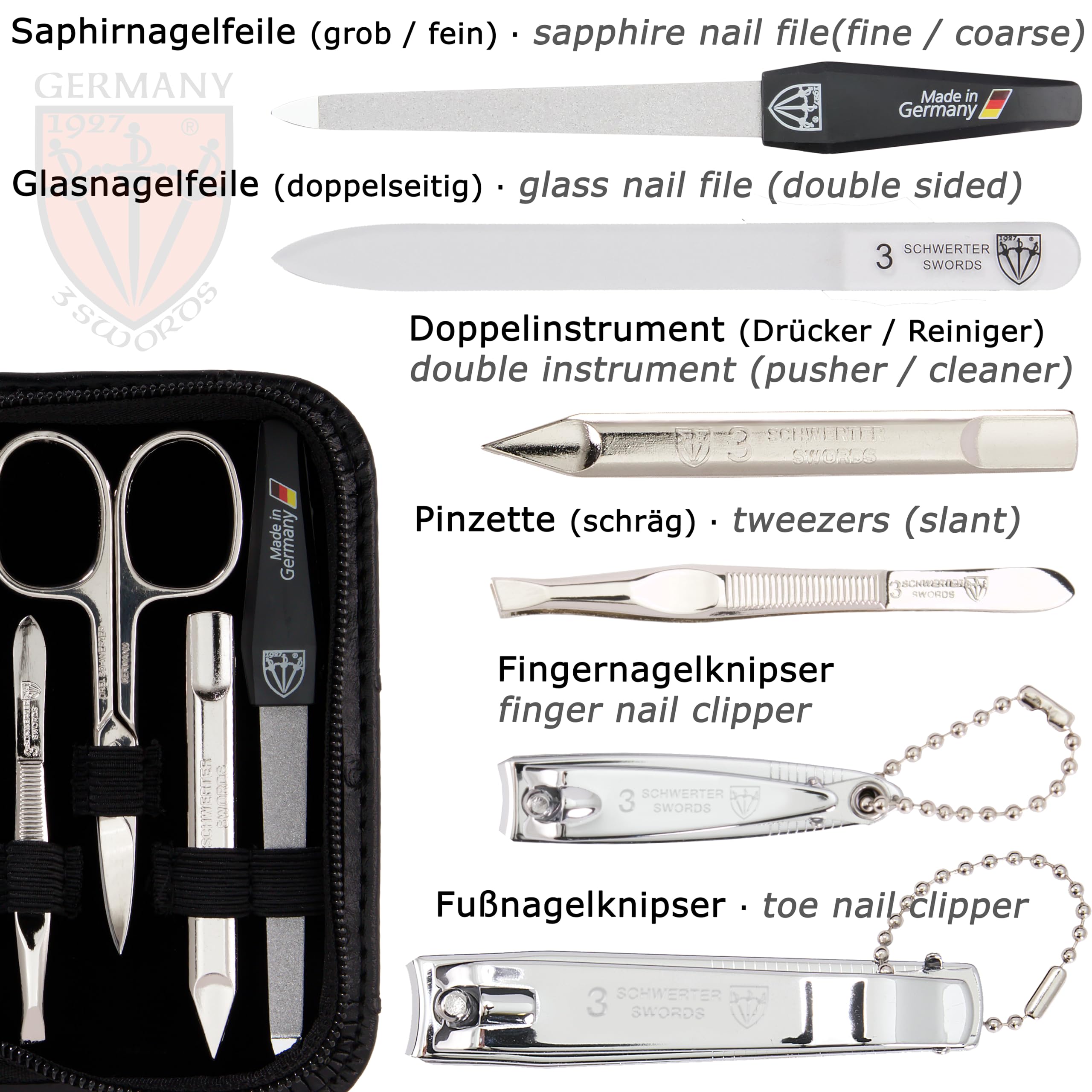THREE SWORDS - Exclusive 8-Piece MANICURE - PEDICURE - GROOMING - NAIL CARE set / kit / case - Made in Solingen / Germany (522009)