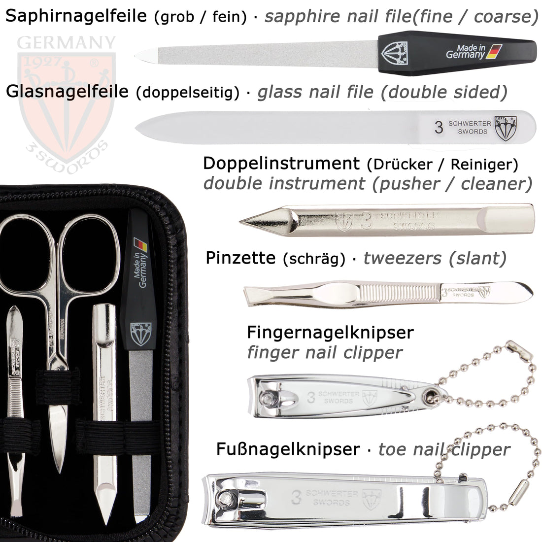THREE SWORDS - Exclusive 8-Piece MANICURE - PEDICURE - GROOMING - NAIL CARE set / kit / case - Made in Solingen / Germany (522009)