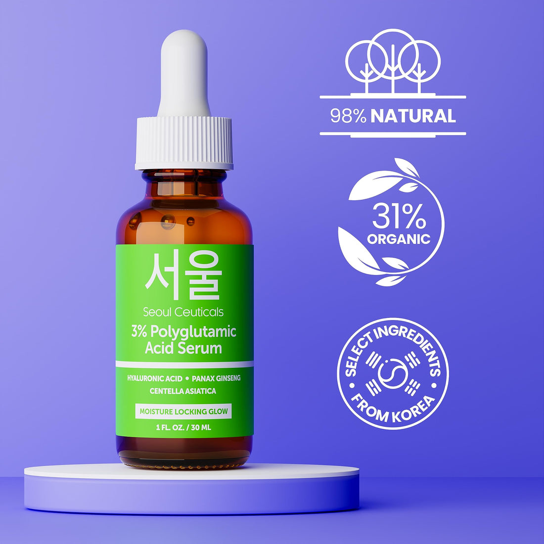 SeoulCeuticals Organic Polyglutamic Acid Serum - Korean Skin Care + Hyaluronic Acid + Centella Asiatica - K Beauty Anti Aging - Healthy Glowing Skin 1oz