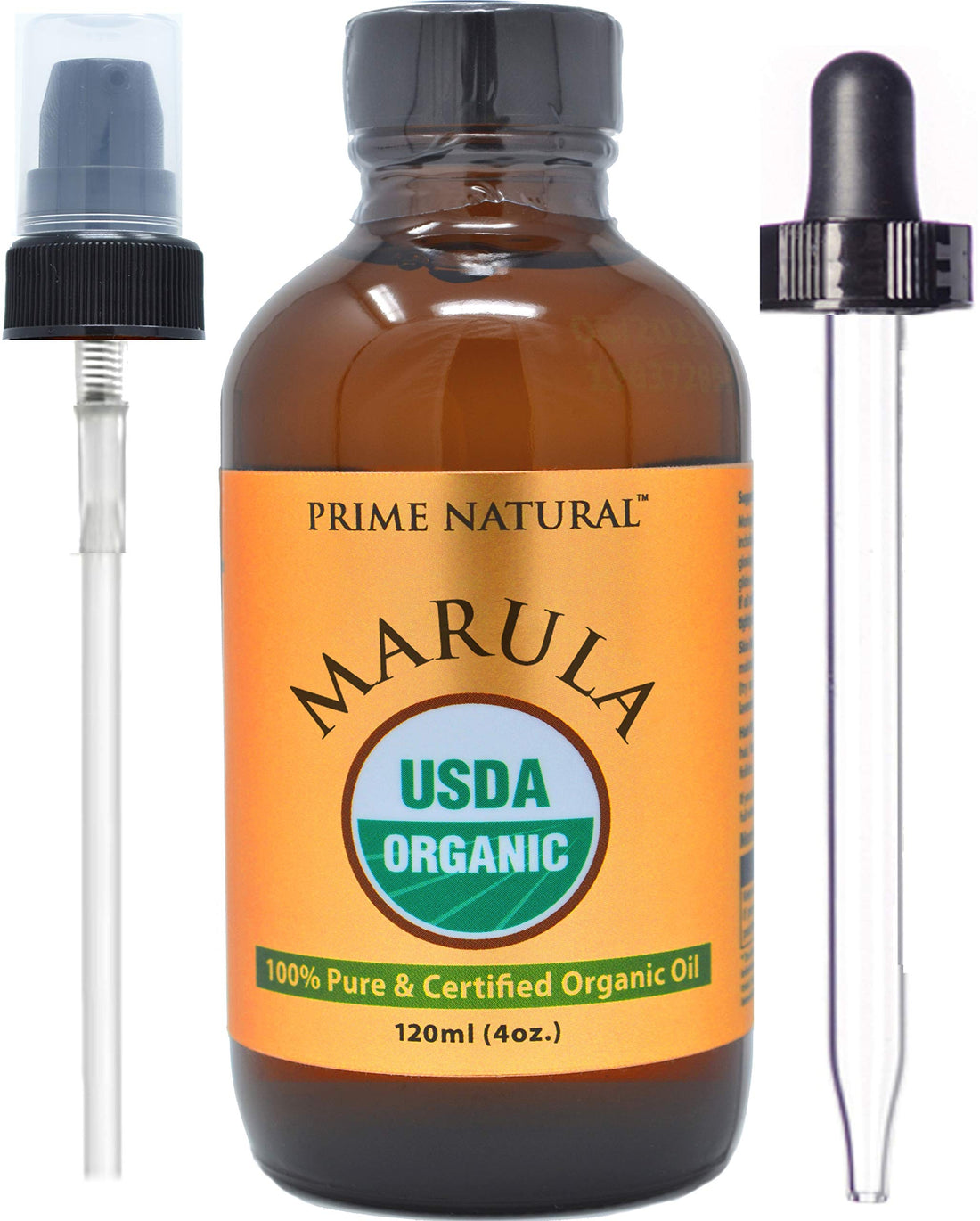 PRIME NATURAL Organic Marula Oil 4oz/120ml - USDA Certified - Cold Pressed, Unrefined, Virgin - 100% Pure, Natural, Vegan, Best for Face, Body, Hair, Nails, Skin Care