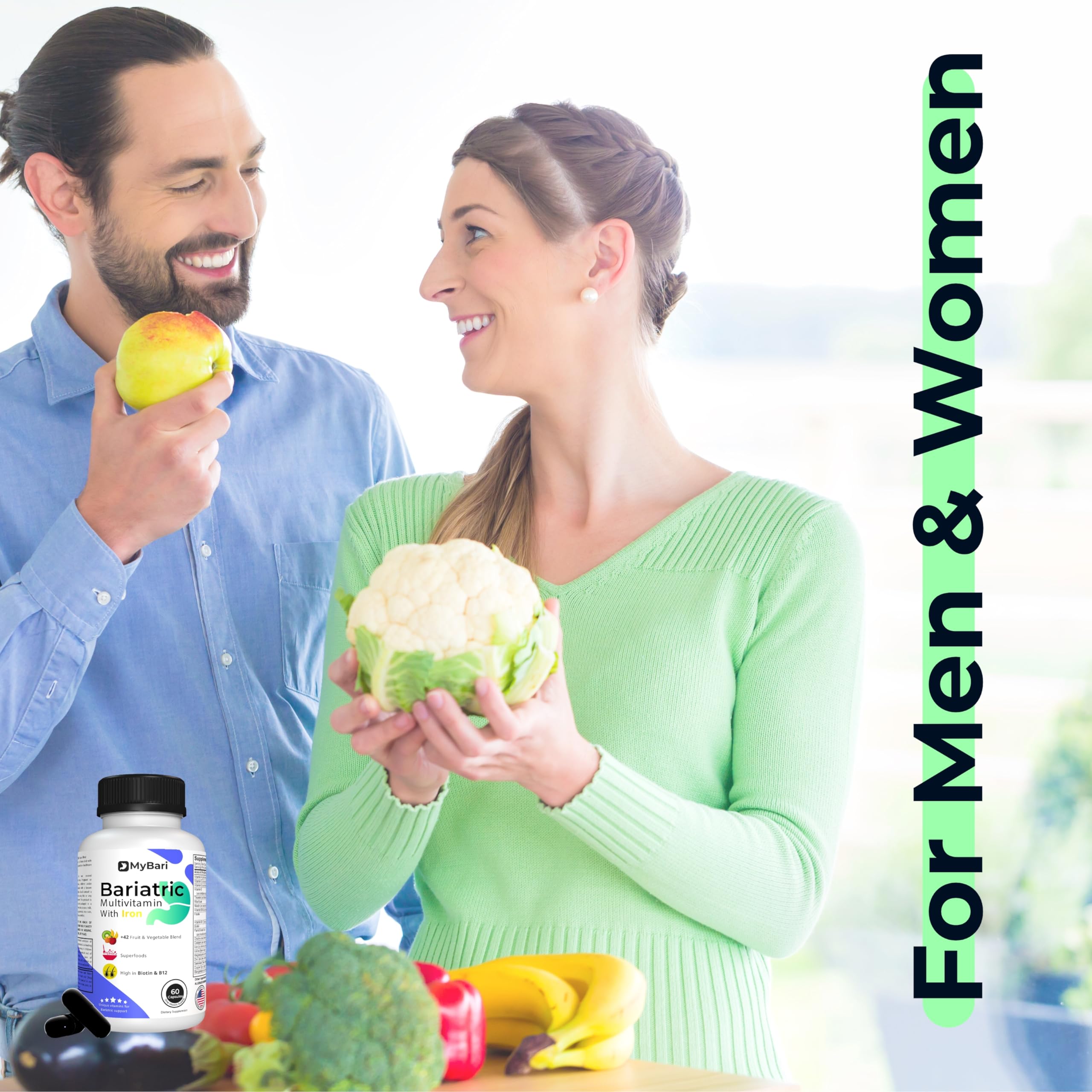 MyBari All-in-One Bariatric Multivitamin with Iron - Made in USA - for Men & Women - Supports Gastric Sleeve & Bypass with 42+ Fruit & Veggie Blend - 60 Liquid Capsules