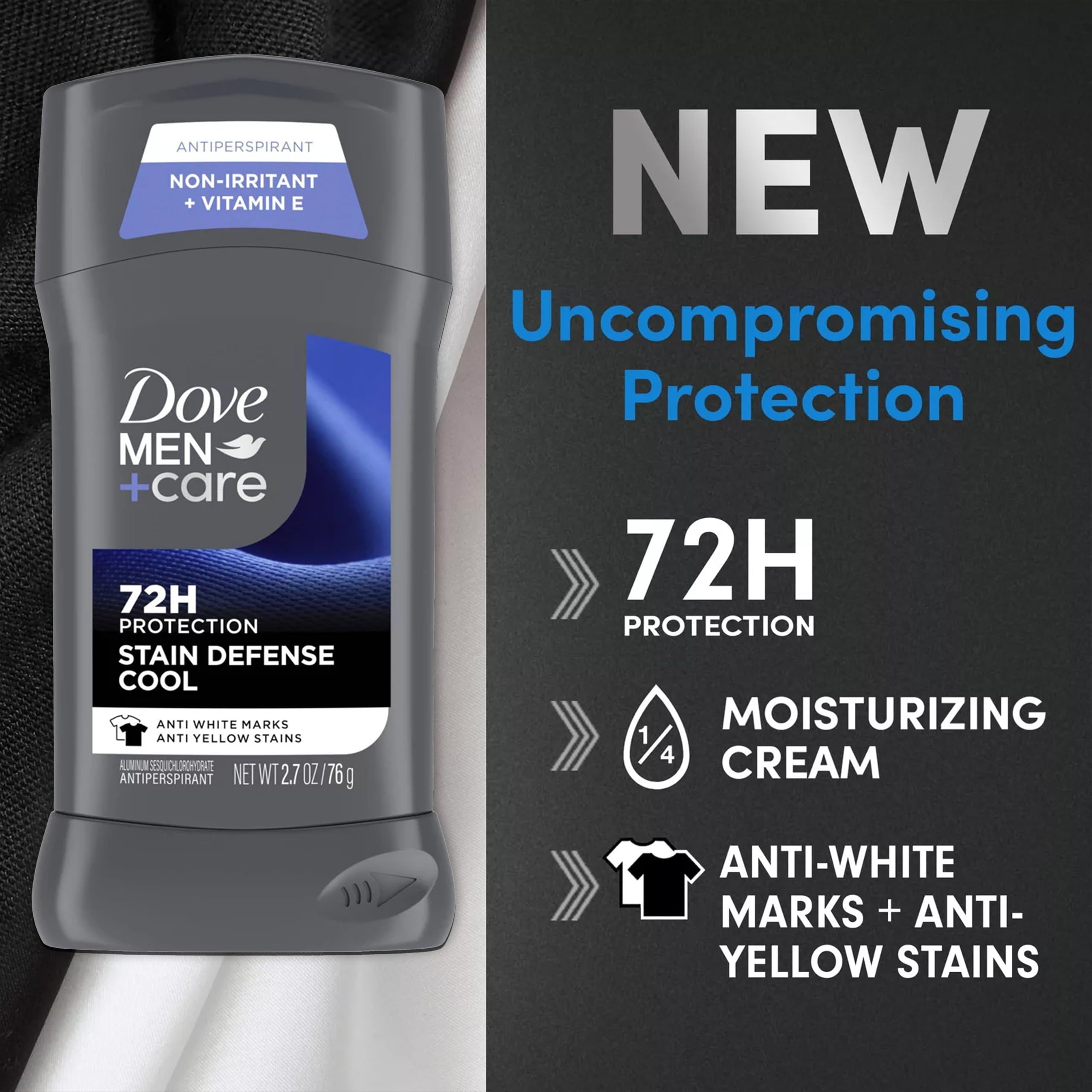 Dove Men+Care Deodorant Stick 4 Count Stain Defense Cool for Men, Anti-white Marks & Anti-yellow Stains with 72-hour Sweat and Odor Protection 2.7 oz