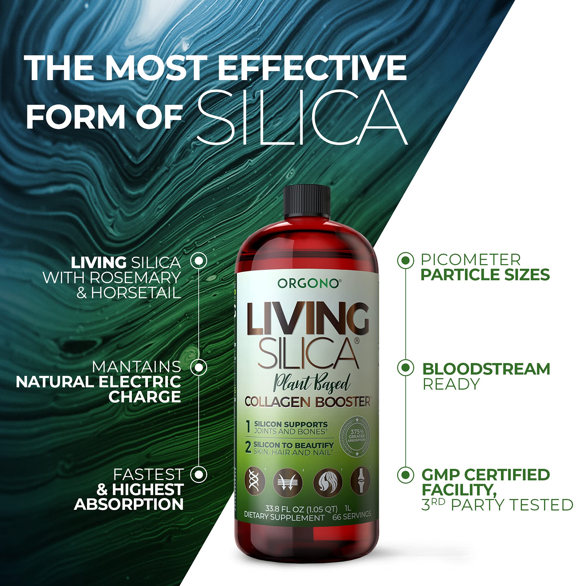 Living Silica Plant Based Collagen Booster | Vegan Collagen Booster | Supports Healthy Collagen and Elastin Production for Joint & Bone Support, Glowing Skin, Strong Hair & Nails | 33.85 Fl Oz