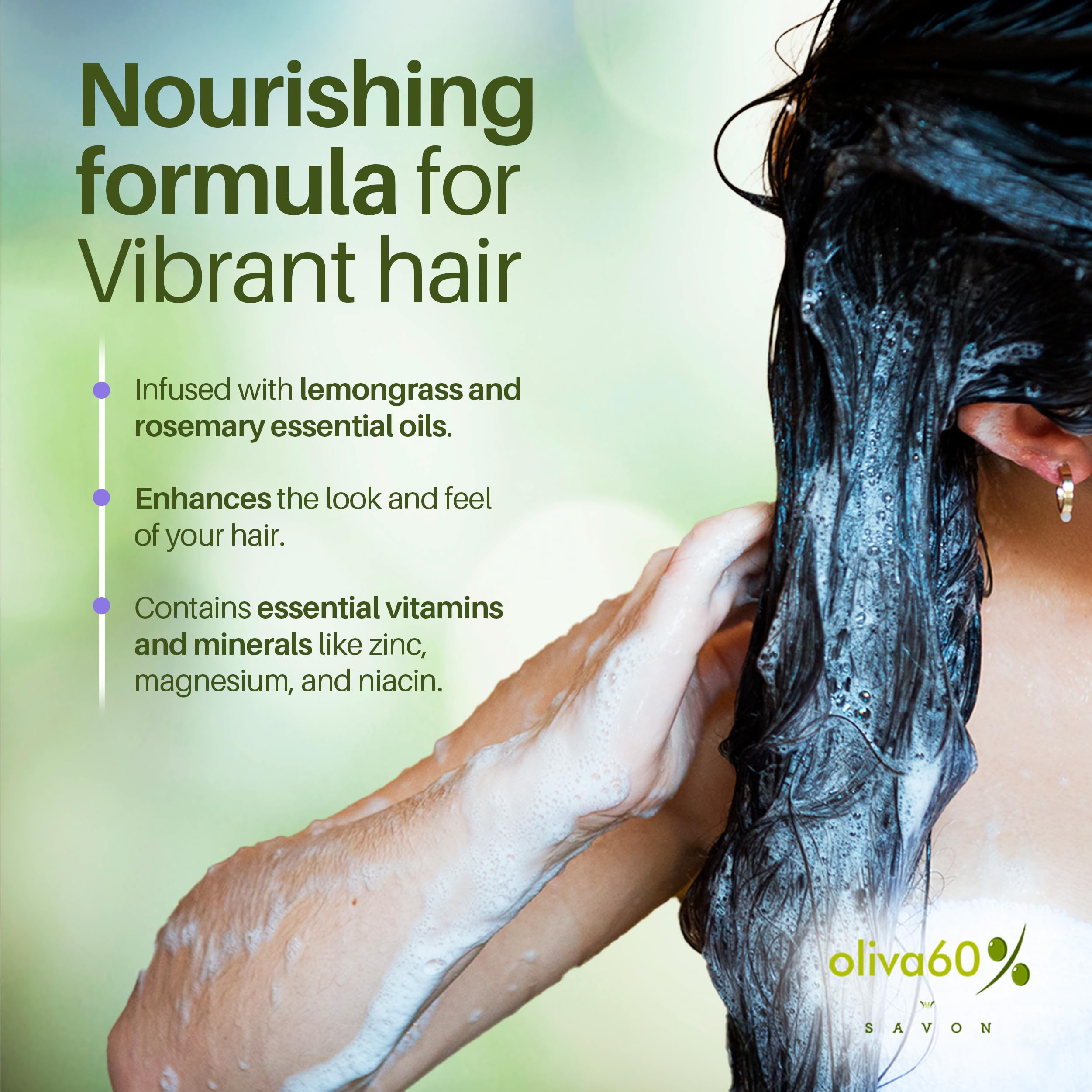 Shampoo Bar Lemongrass Rosemary - Olive, Argan, Macadamia Oil | Sulfate & Paraben Free | Organic Natural Hair Care | 3.5 oz | Shampoo for Oily Hair | No Plastic Waste | Oliva 60