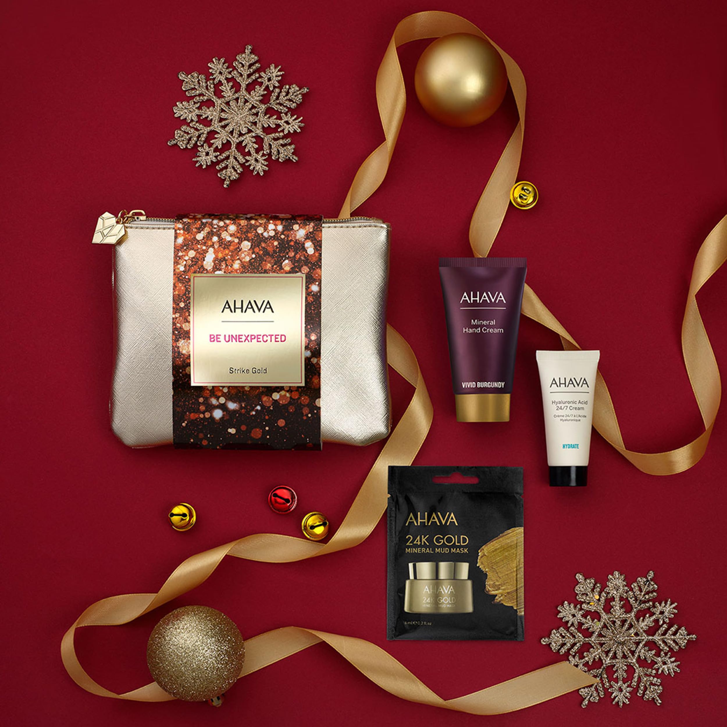 AHAVA Strike Gold Gift Set, Includes Hyaluronic Acid 24/7 Cream 0.48 Fl.Oz, Mineral Hand Cream Vivid Burgundy 1.3 Fl.Oz & Single Use 24KGold Mineral Mud Mask 0.2 Fl.Oz, Enriched with Exclusive Dead Se