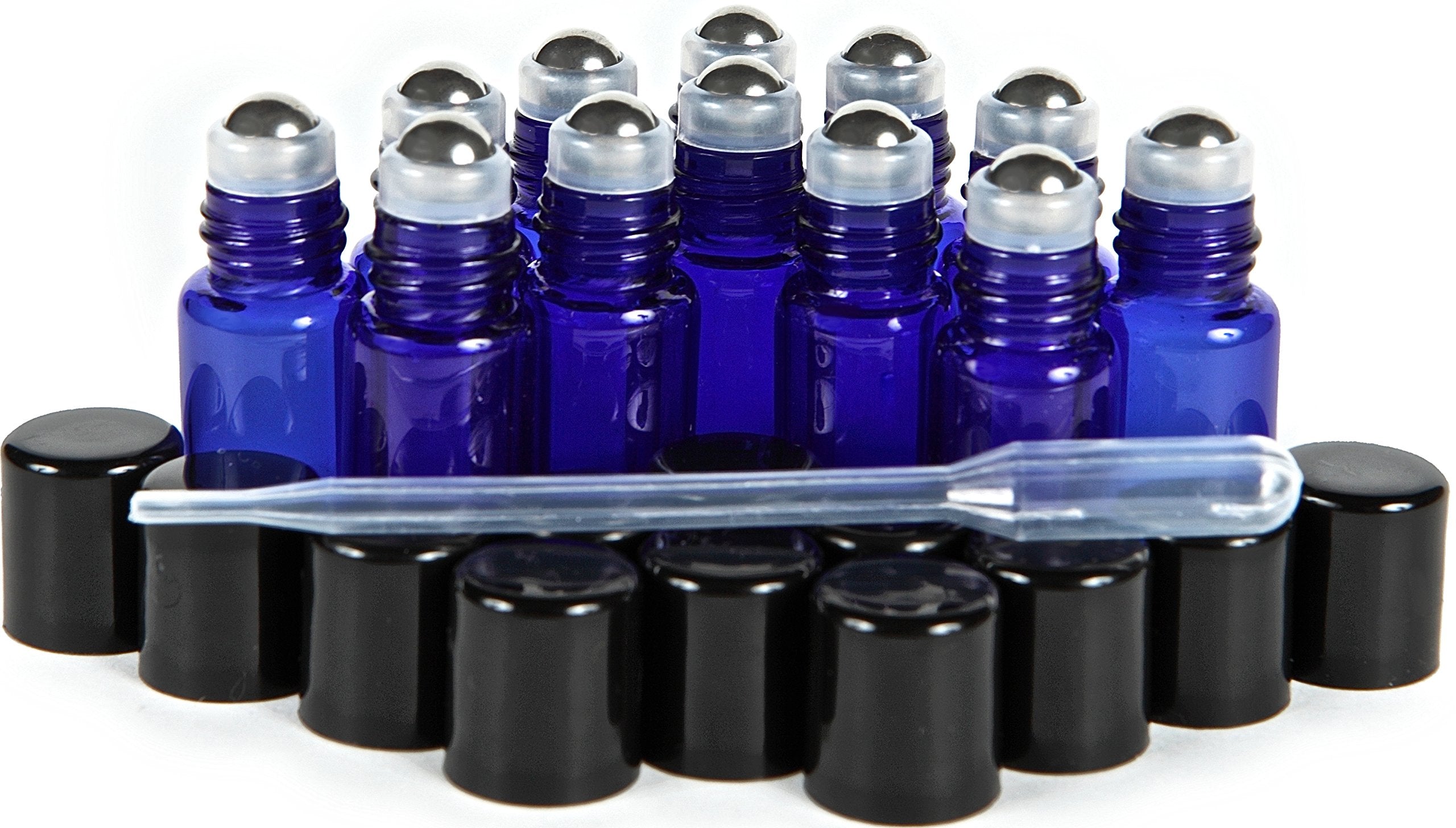 Vivaplex, 12, Cobalt Blue, 3 ml Glass Roll-on Bottles with Stainless Steel Roller Balls - Dropper included ...