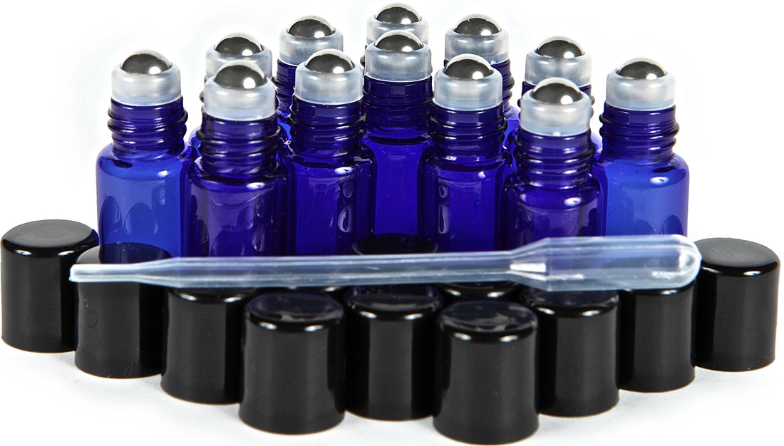 Vivaplex, 12, Cobalt Blue, 3 ml Glass Roll-on Bottles with Stainless Steel Roller Balls - Dropper included ...