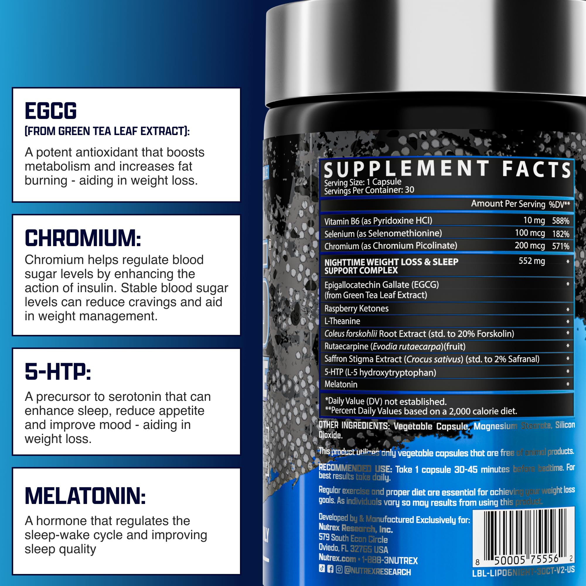 Nutrex Lipo 6 Nighttime Fat Burner | Melatonin Sleep Aid & Weight Loss Diet Pills for Men and Women | Night Time Metabolism Booster Appetite Suppressant | 30 Servings (1)