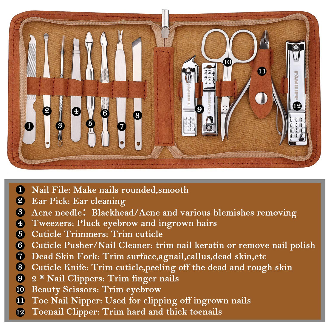 FAMILIFE F03 Manicure Pedicure Set Nail Clippers Tool 13pcs Professional Stainless Steel Portable Travel Grooming Kit Nail Care Nail Scissors Kit Men Women